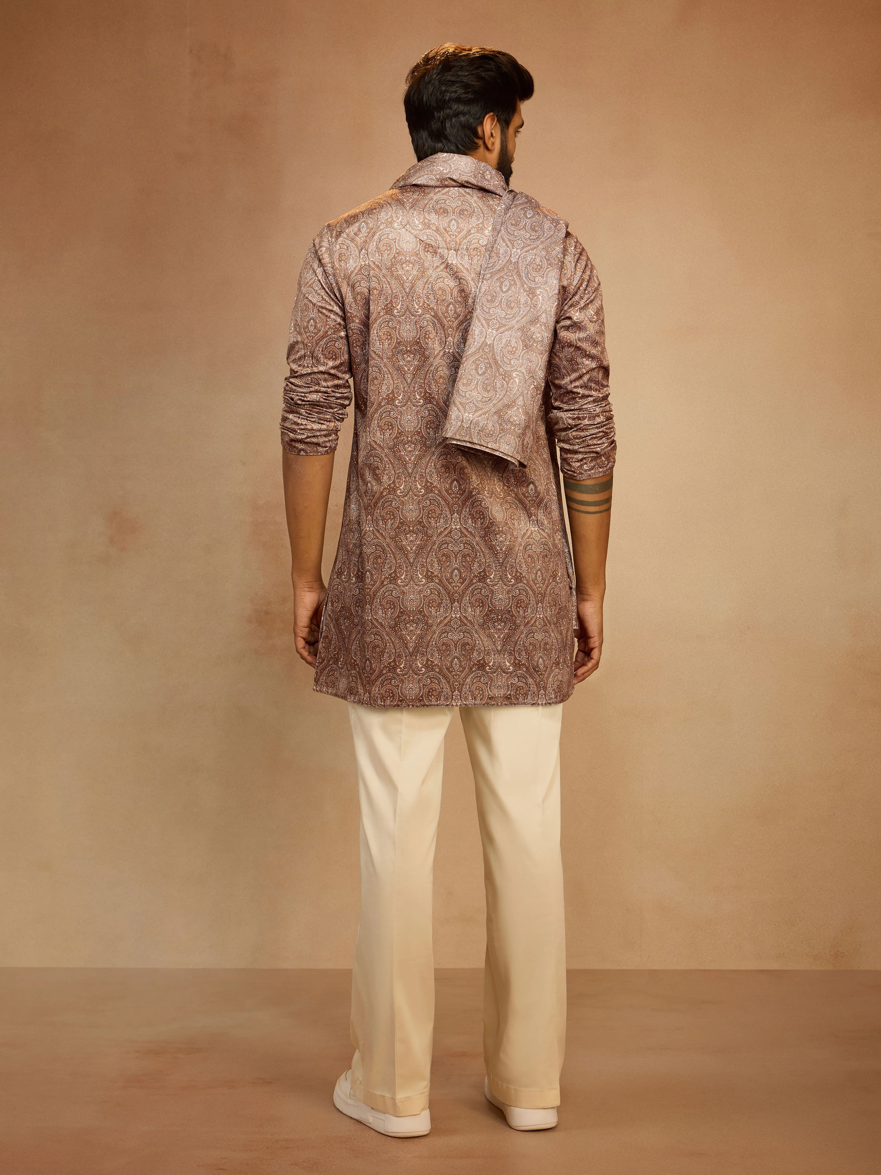 Men's Beige Velvet Digital Print Kurta with Palazzo Pant & Matching Dupatta Set - Image 5