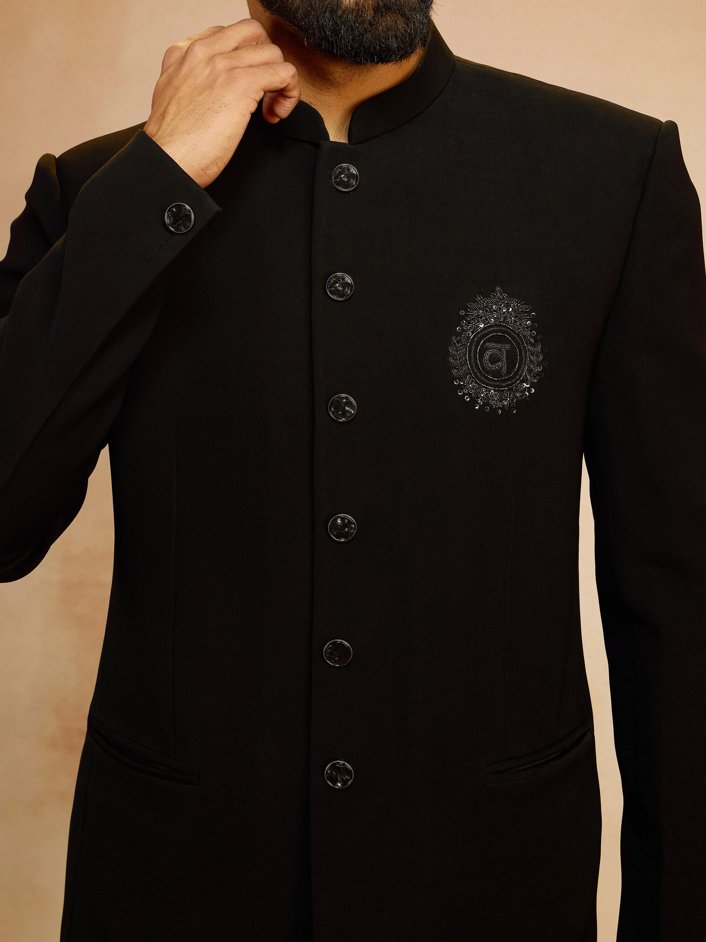 Men's Black Bead Ethnic Motif Embroidered Knit Suiting Lycra Jodhpuri with Straight Pant Set - Image 2