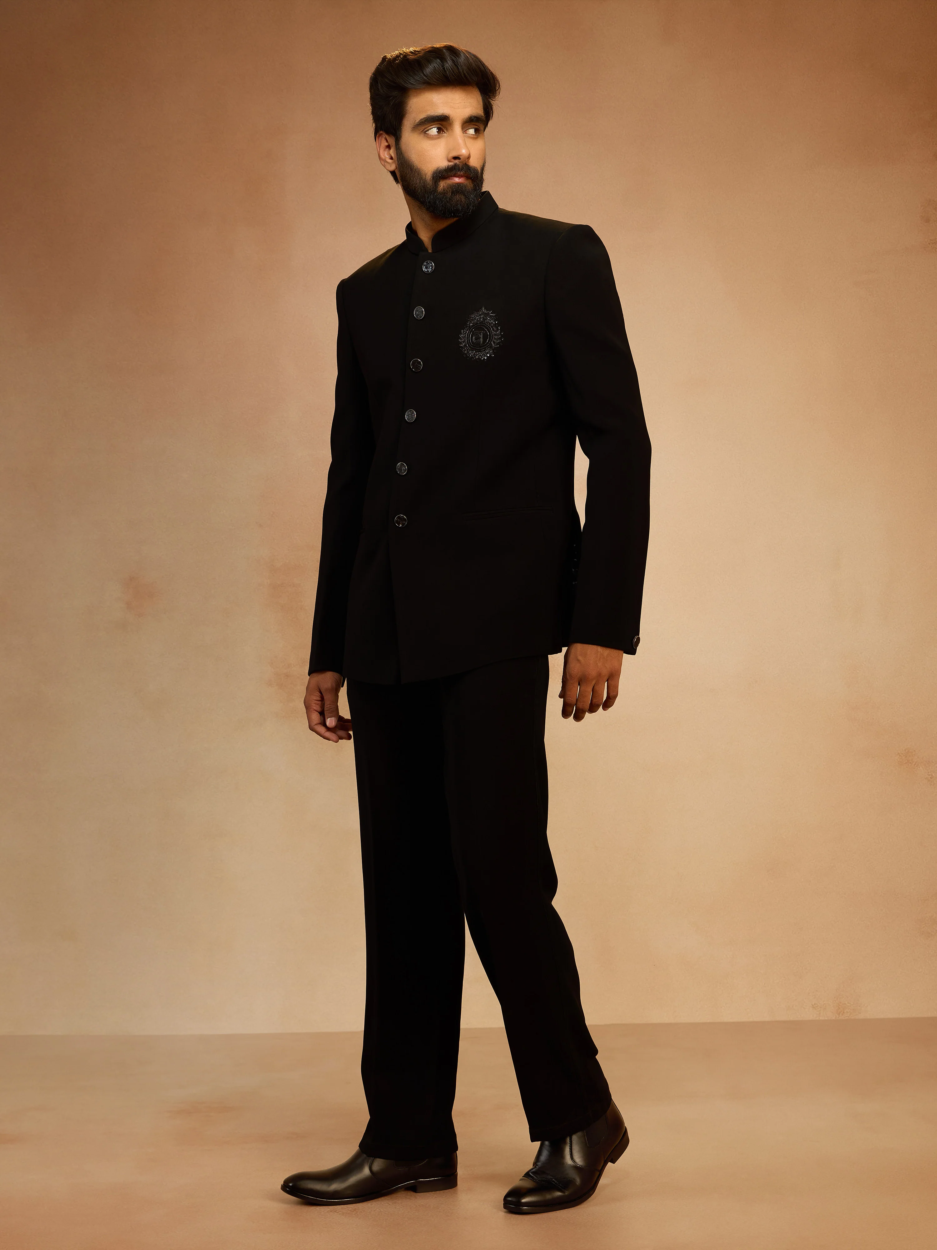 Men's Black Bead Ethnic Motif Embroidered Knit Suiting Lycra Jodhpuri with Straight Pant Set - Image 4