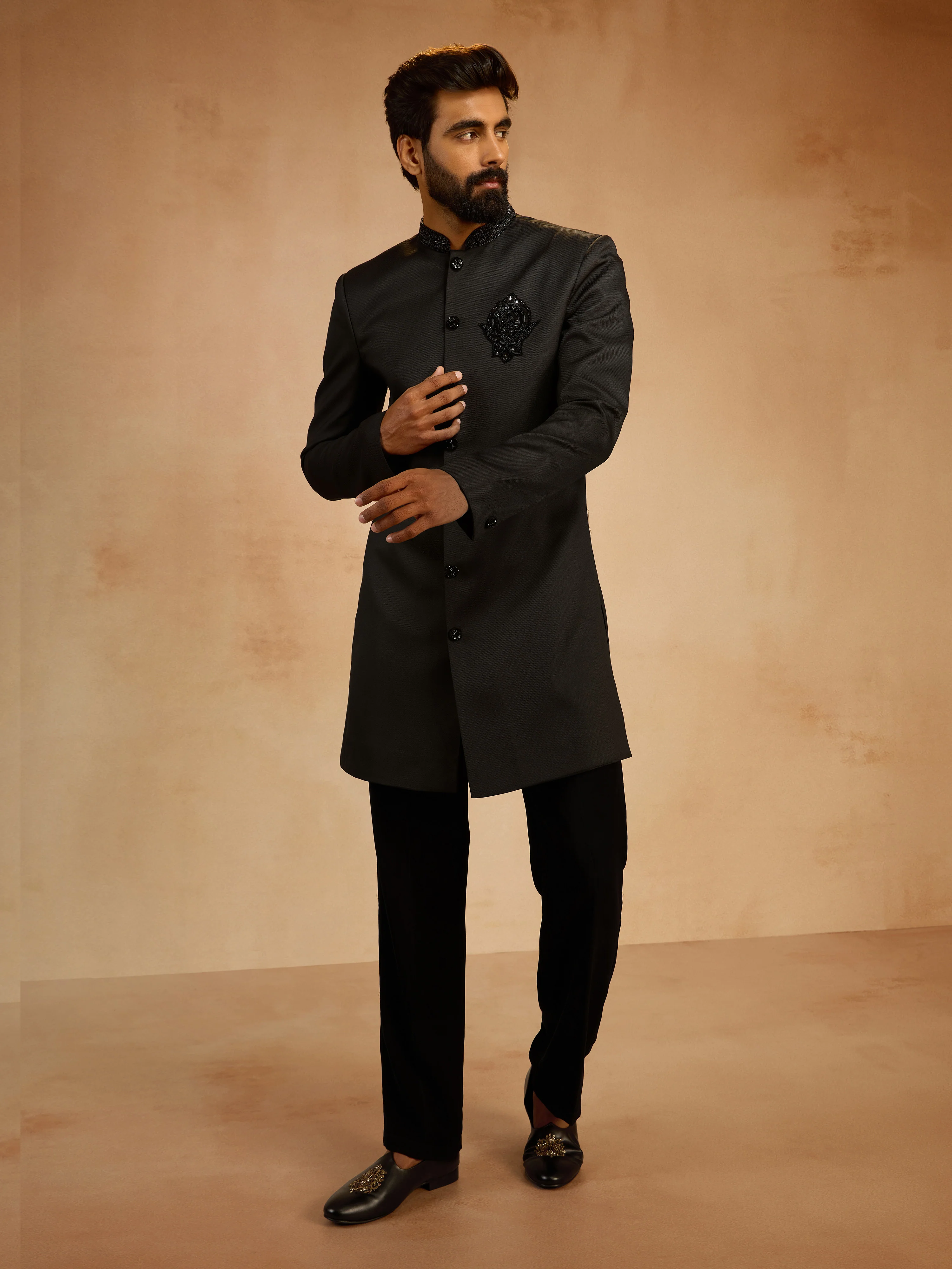 Men's Black Cutdana Sequin Embroidered Indo-Western Kurta with Straight Pant Set