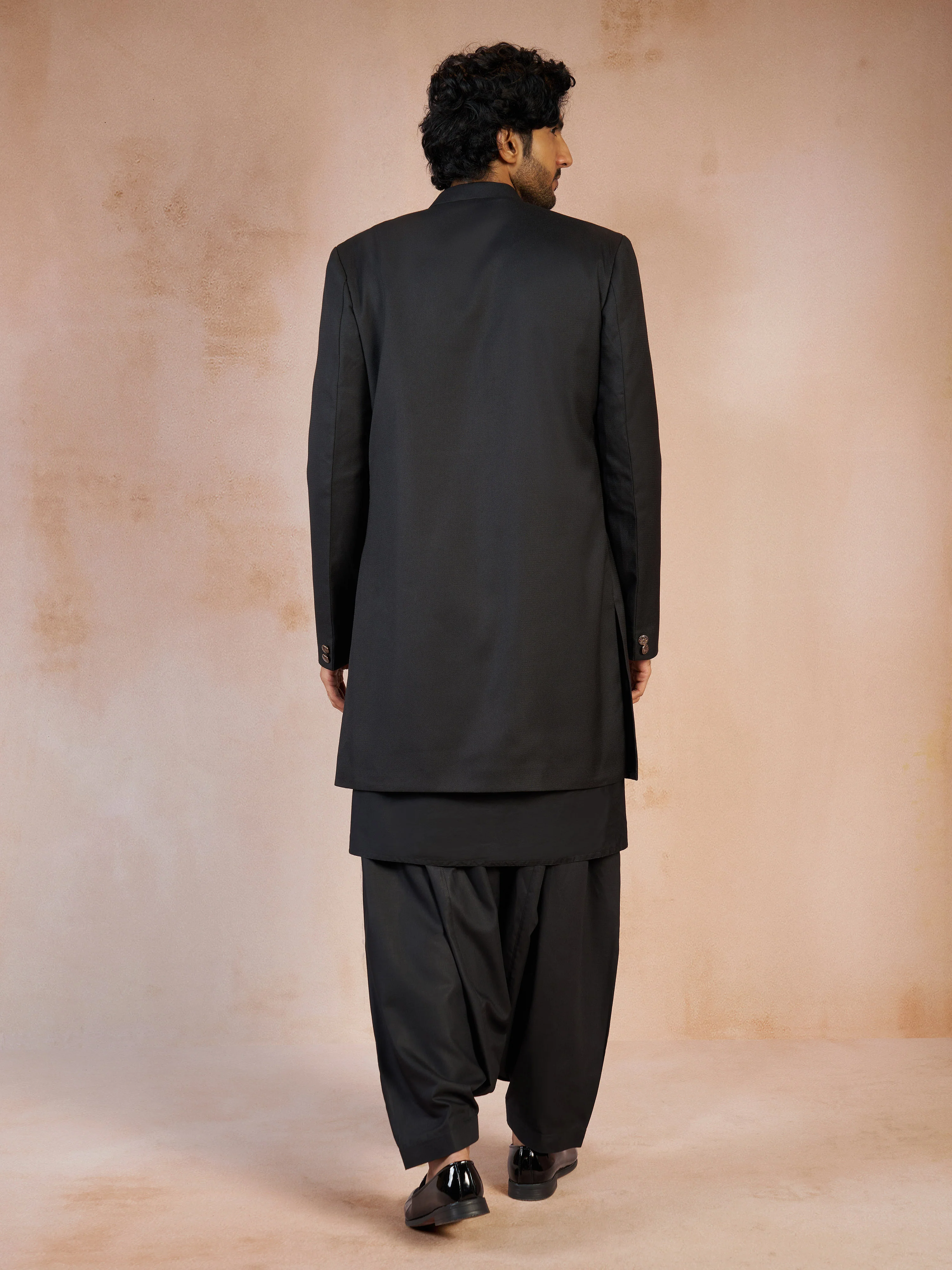 Men's Black Cutdana Sequin Embroidery Indo-Western with Black Silk Blend Kurta & Black Viscose Patiala Set - Image 5