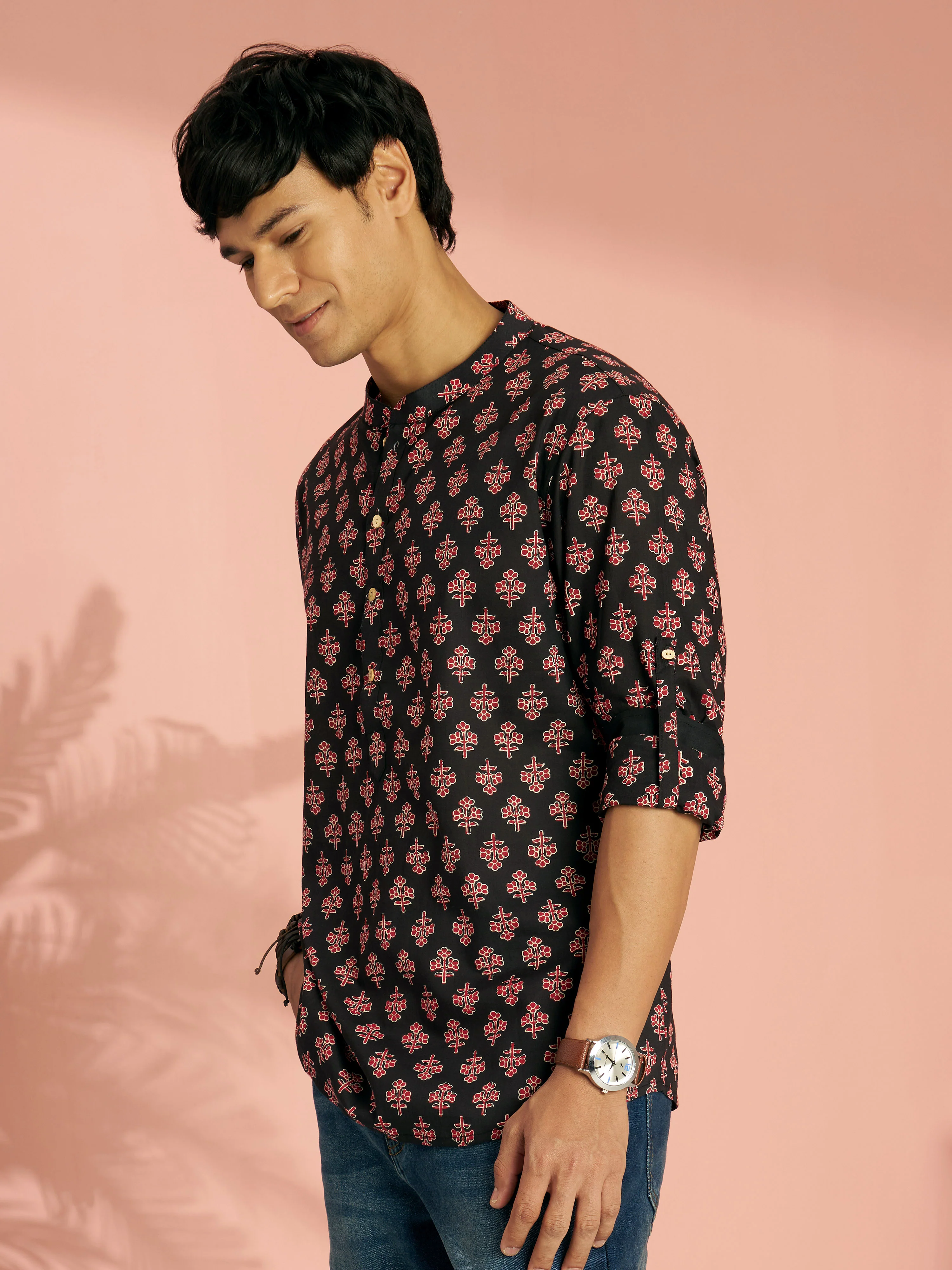 Men's Black Floral Print Cotton Short Kurta - Image 3
