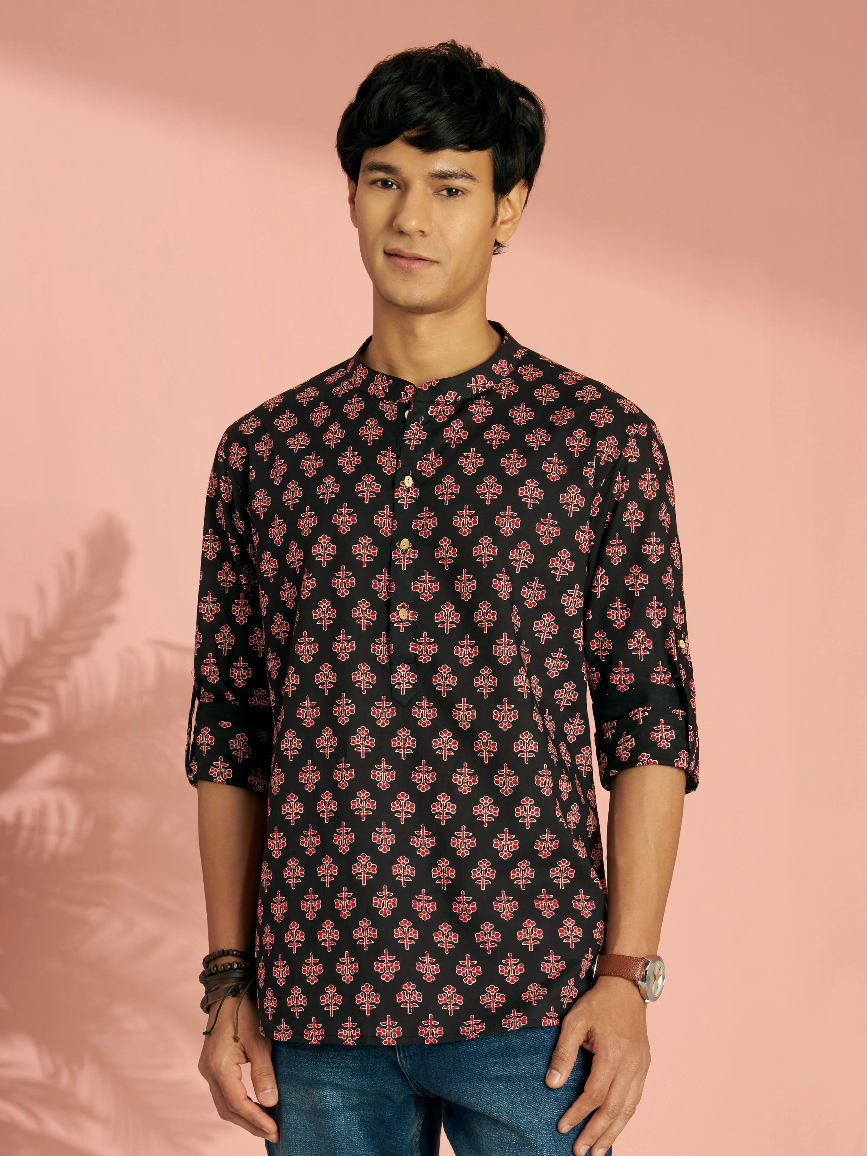Men's Black Floral Print Cotton Short Kurta - Image 4