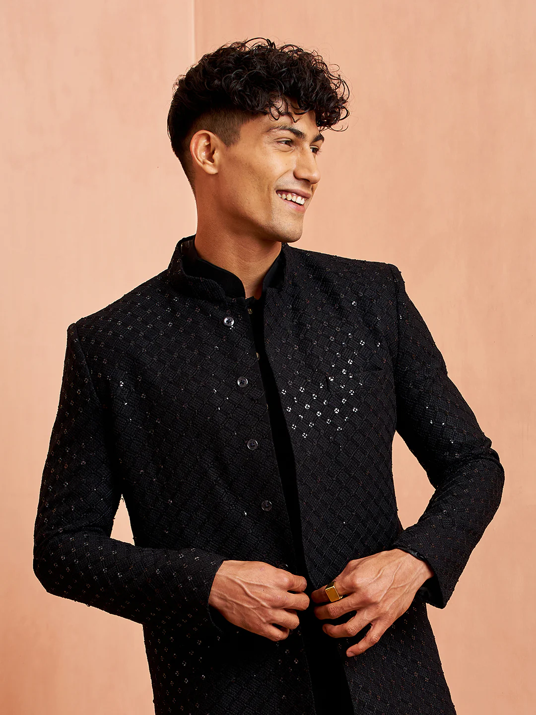 Men's Black Sherwani Kurta Pyjama - Image 2