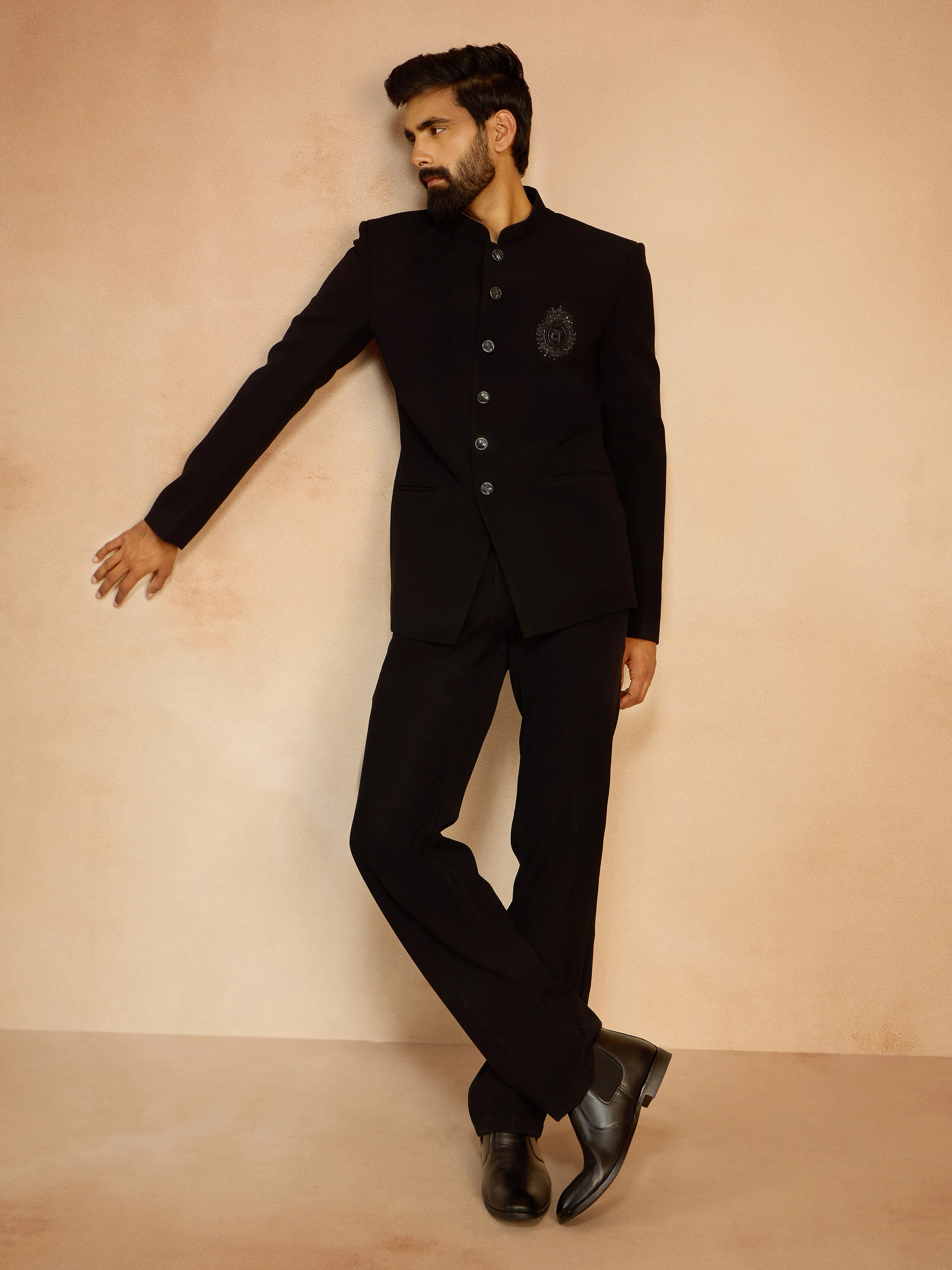 Men's Black Silk Bead Embroidered Ethnic Motif Full Sleeve Jodhpuri Jacket - Image 5