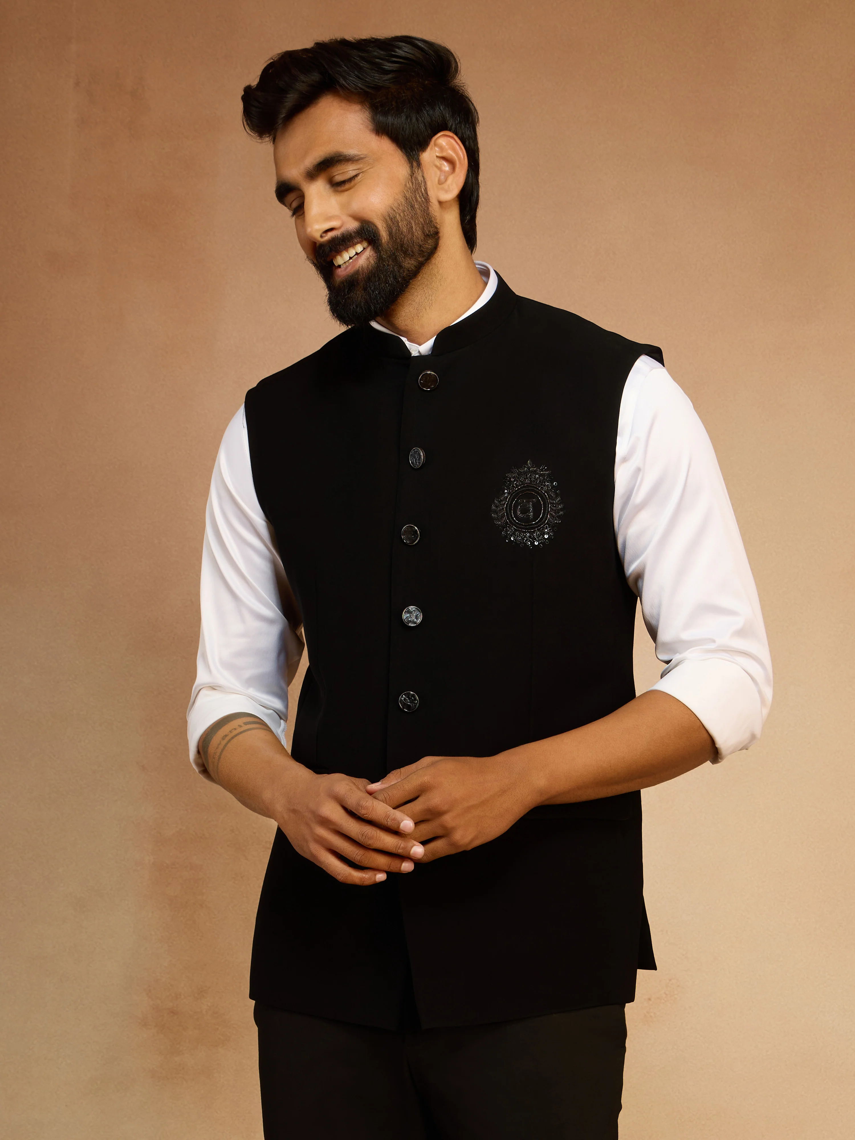 Men's Black Silk Bead Embroidered Nehru Jacket - Image 4