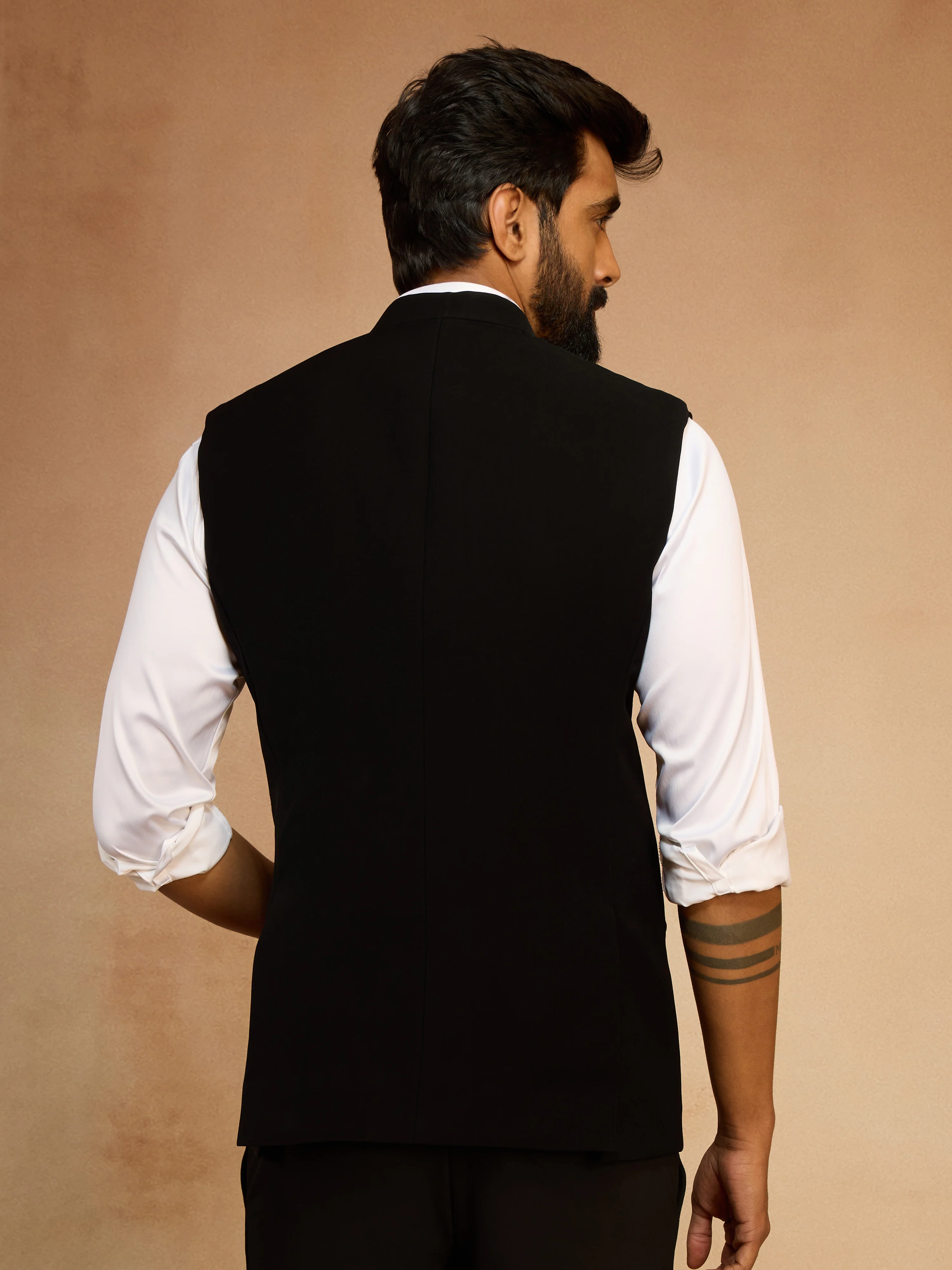 Men's Black Silk Bead Embroidered Nehru Jacket - Image 5