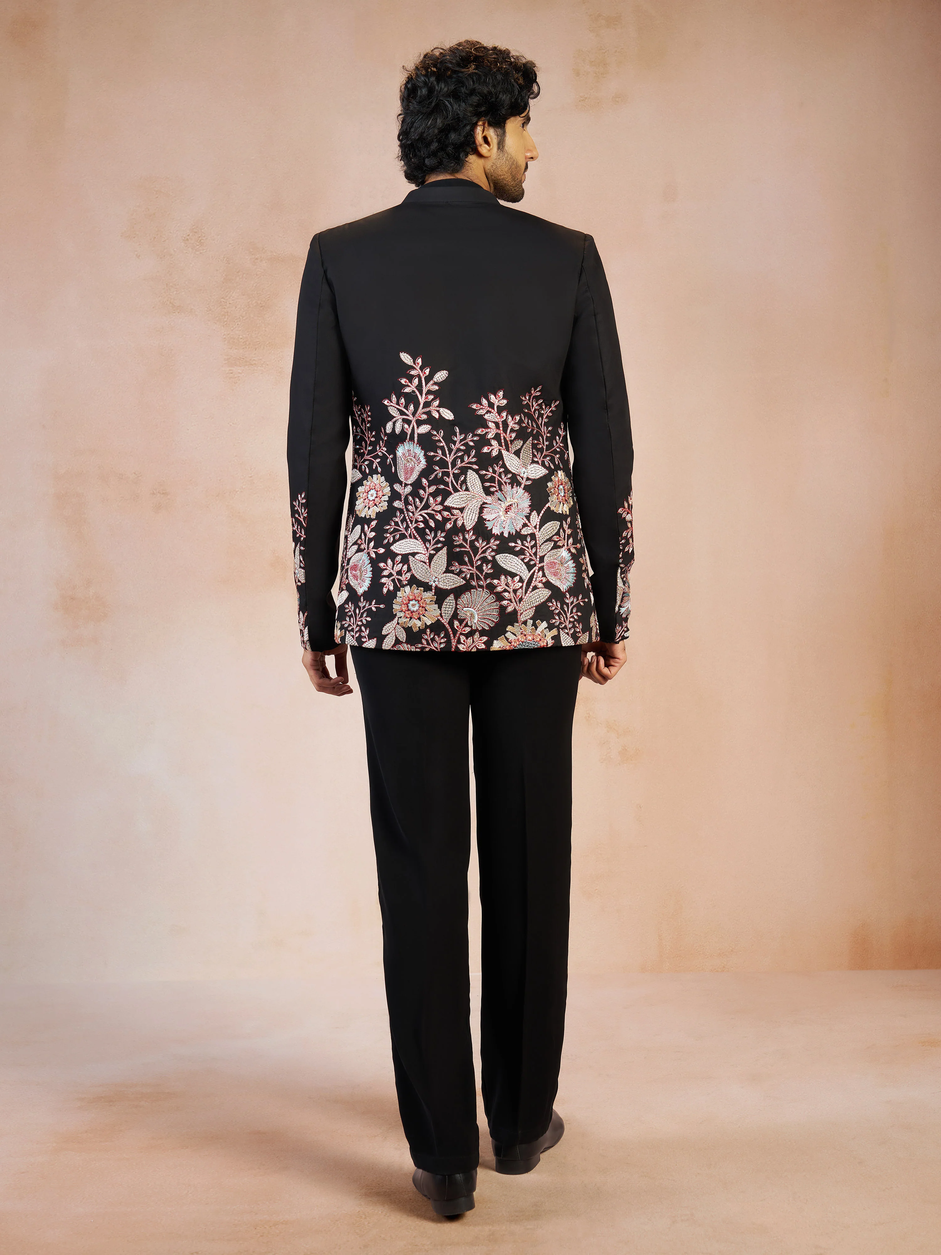 Men's Black Silk Blend Floral Thread Embroidered Front-Open Jodhpuri with Imported Suiting Lycra Straight Pant Set - Image 5
