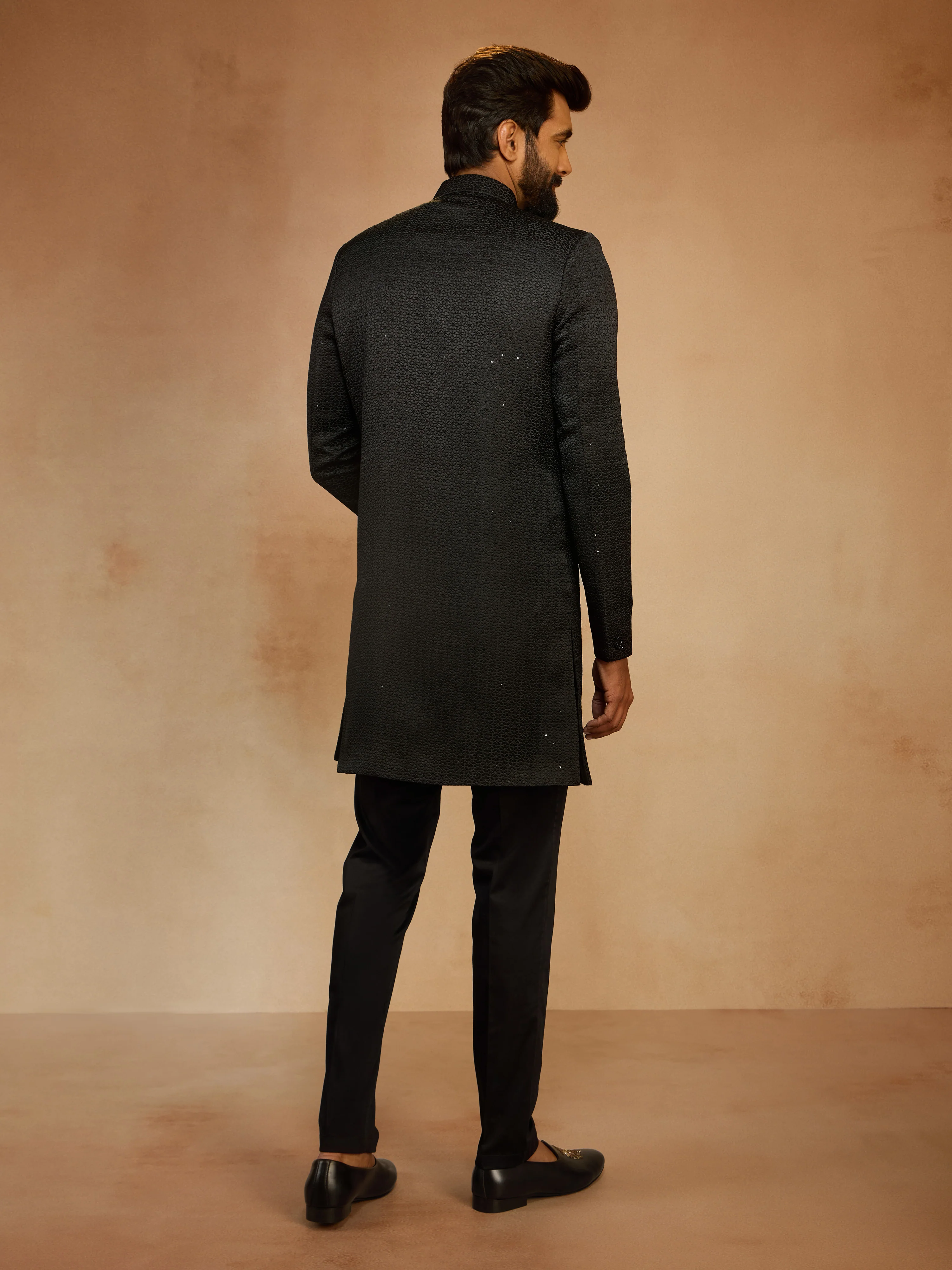 Men's Black Silk Sequin Embroidered Sherwani Kurta with Pant Style Pyjama Set - Image 5