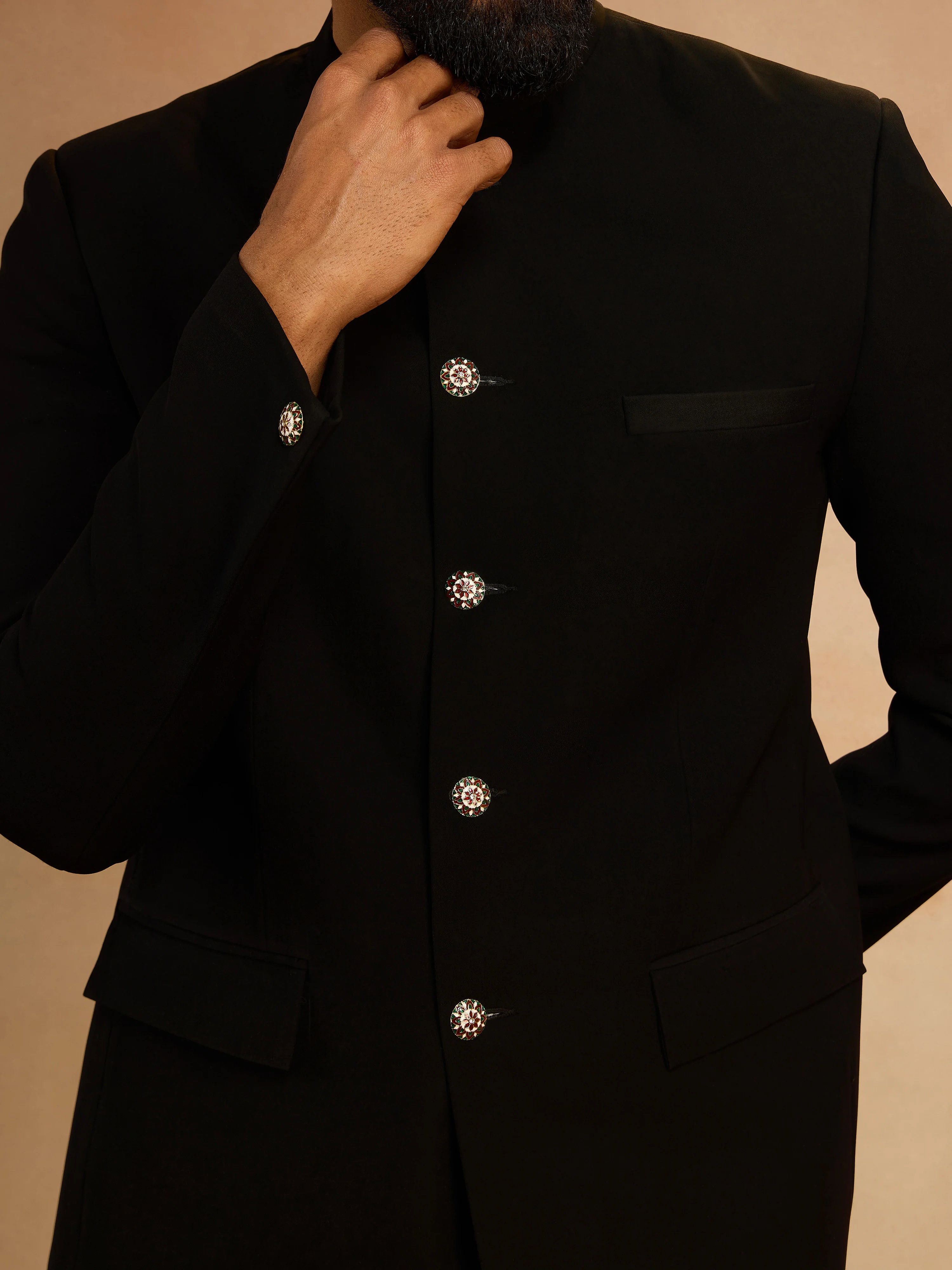 Men's Black Solid Imported Suiting Jodhpuri Suit - Image 2