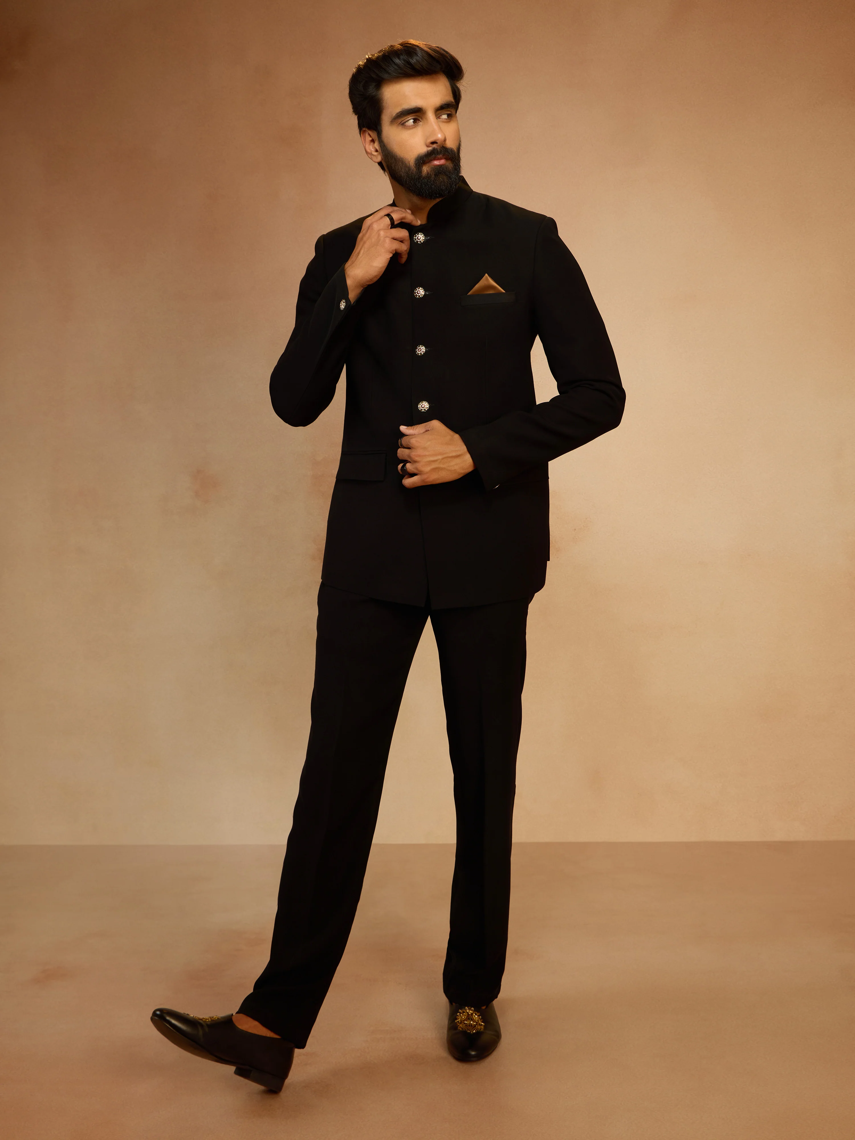 Men's Black Solid Imported Suiting Jodhpuri with Straight Pant Set