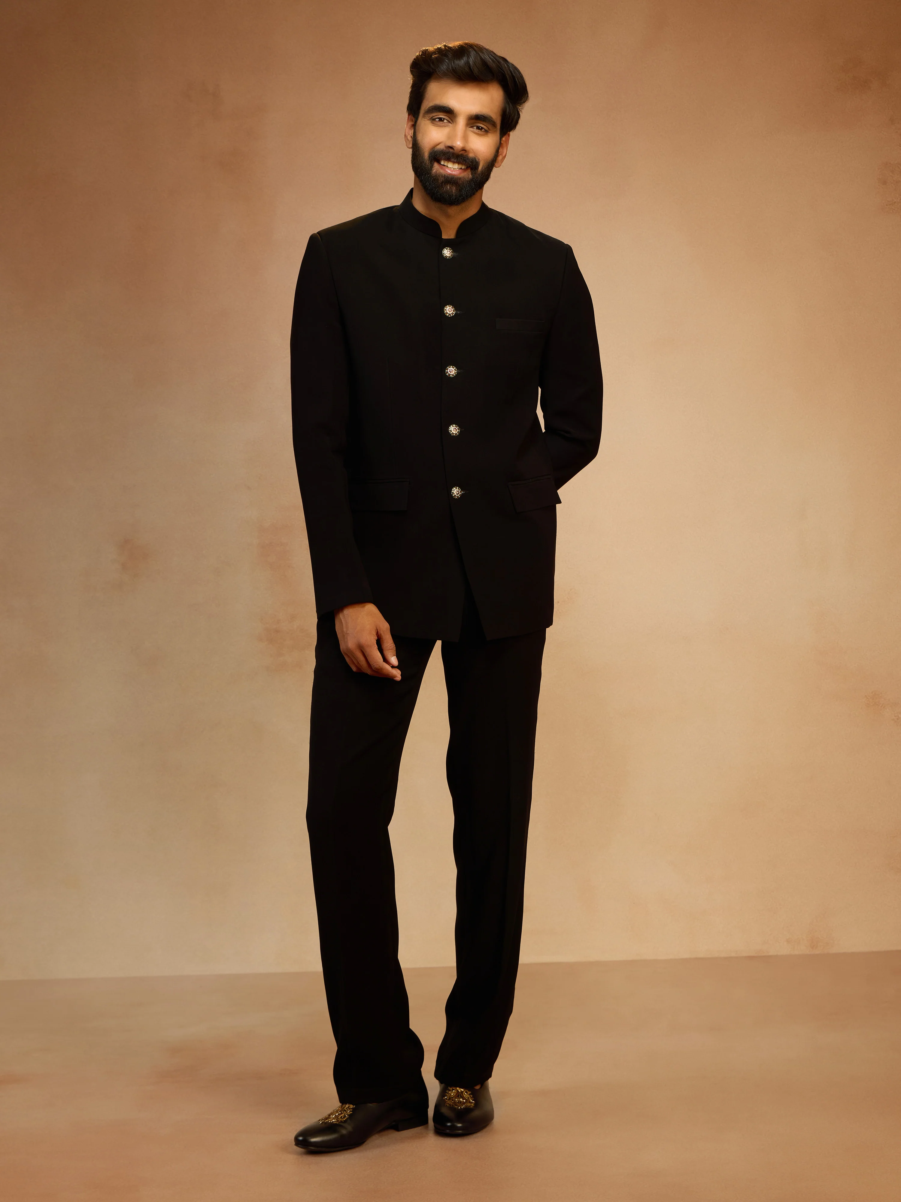 Men's Black Solid Imported Suiting Jodhpuri with Straight Pant Set - Image 3
