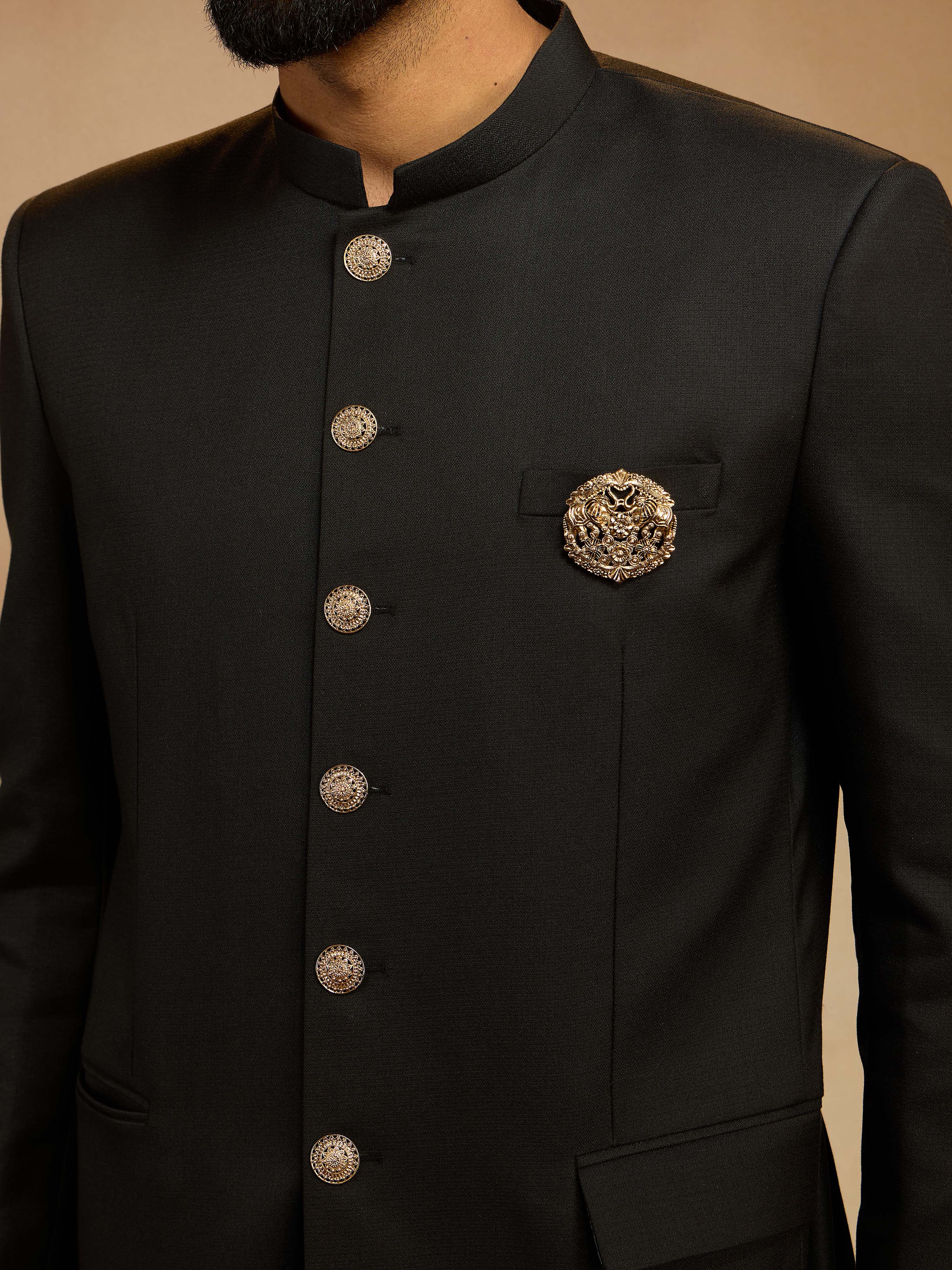 Men's Black Solid Imported Suiting Lycra Brooch Jodhpuri with Straight Pant Set - Image 2