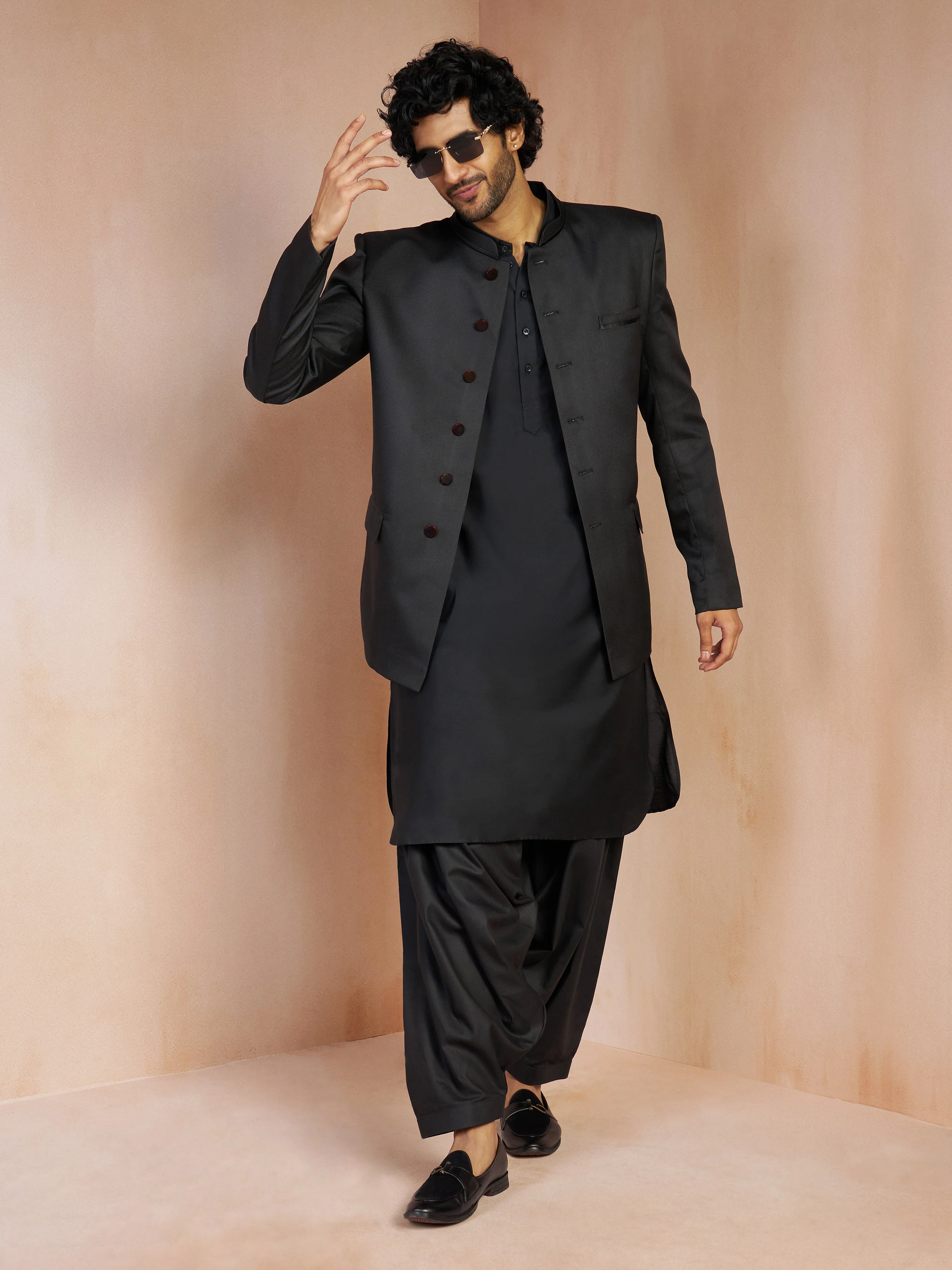 Men's Black Solid Jute Jodhpuri Suit with Linen Pathani Kurta & Viscose Patiala Set