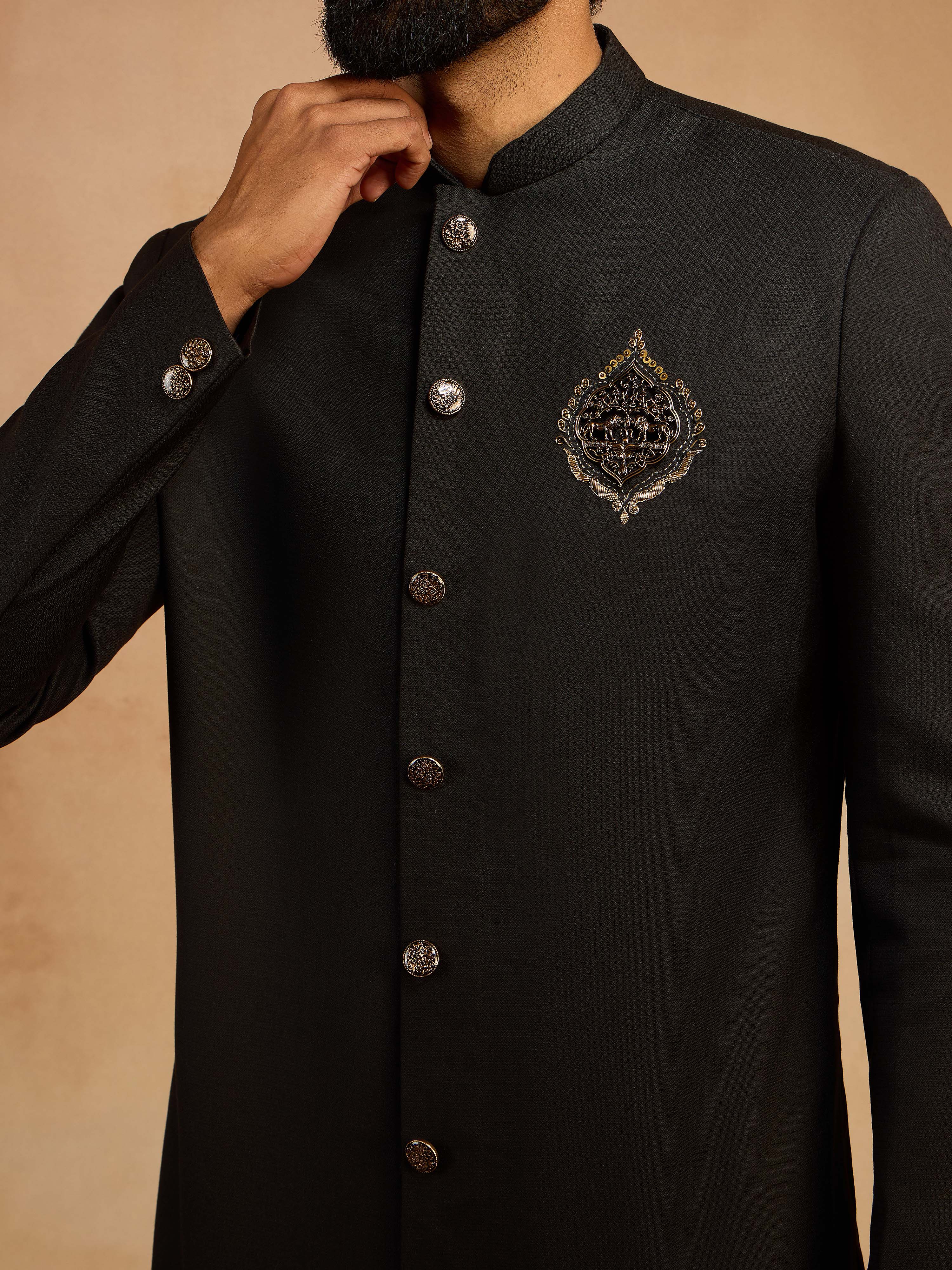 Men's Black Solid Sequin Cutdana Embroidery Indo-Western with Cream Pant Style Pyjama Set - Image 2