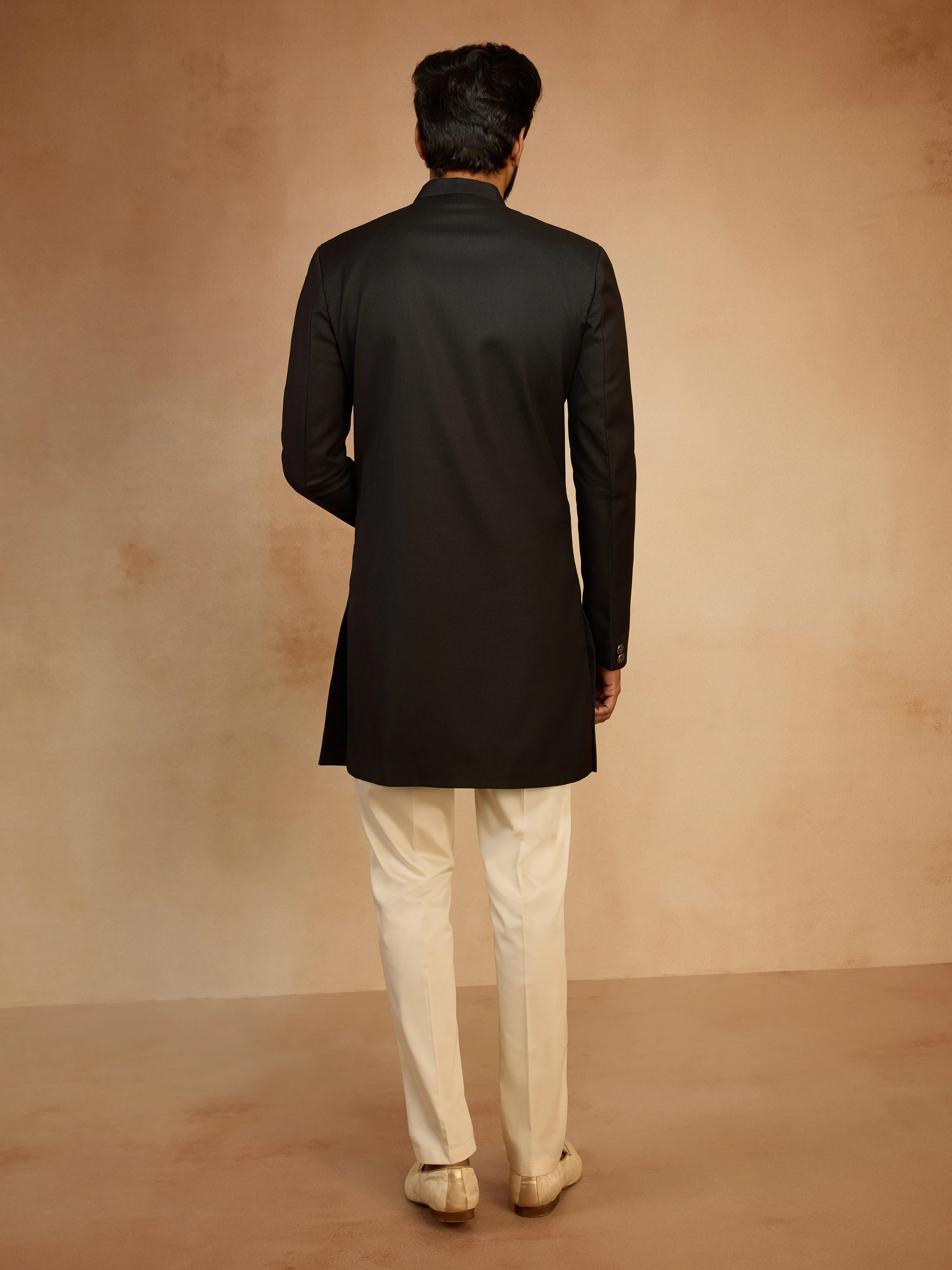 Men's Black Solid Sequin Cutdana Embroidery Indo-Western with Cream Pant Style Pyjama Set - Image 5