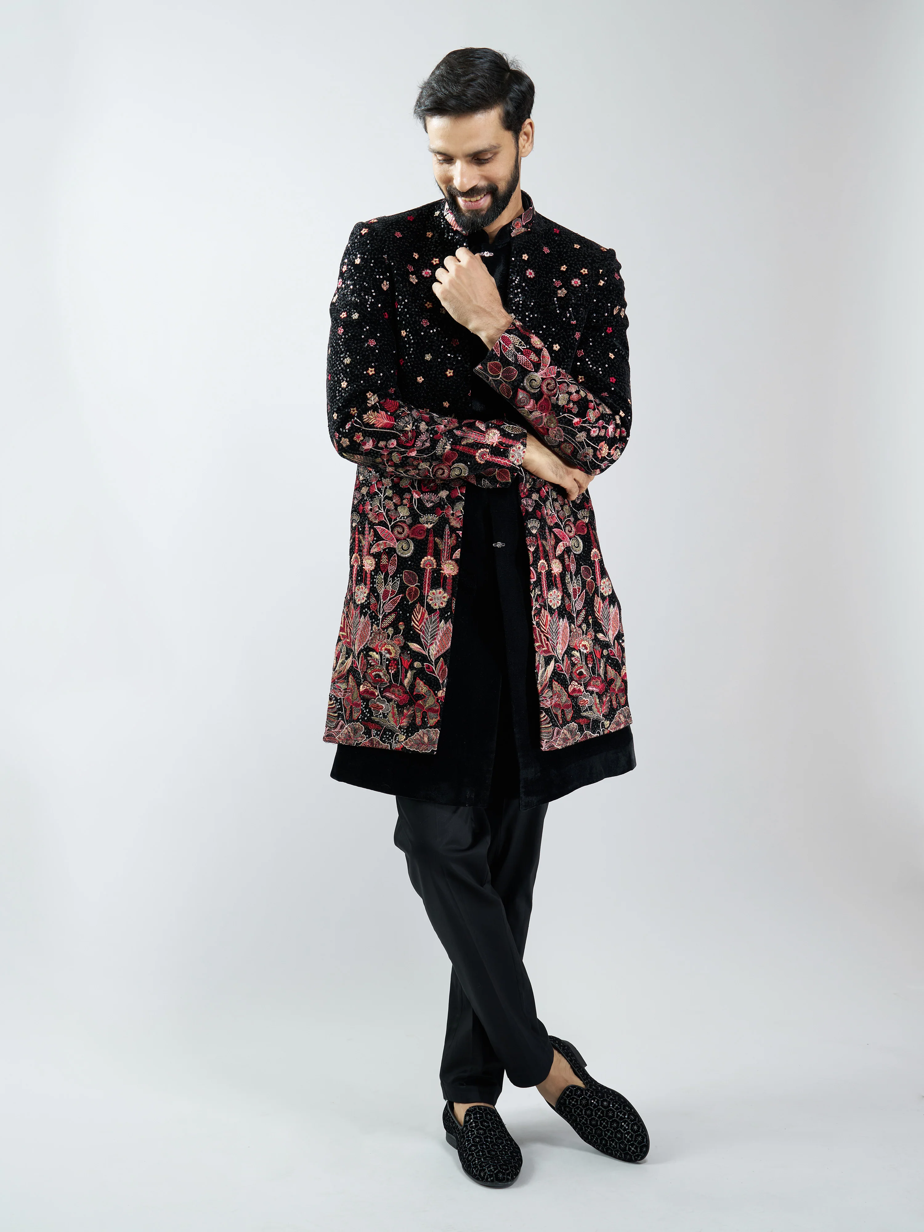Men Black Velvet Floral Embroidered Indo-Western Bundled with Black Cotton Lycra Pants Set - Image 3