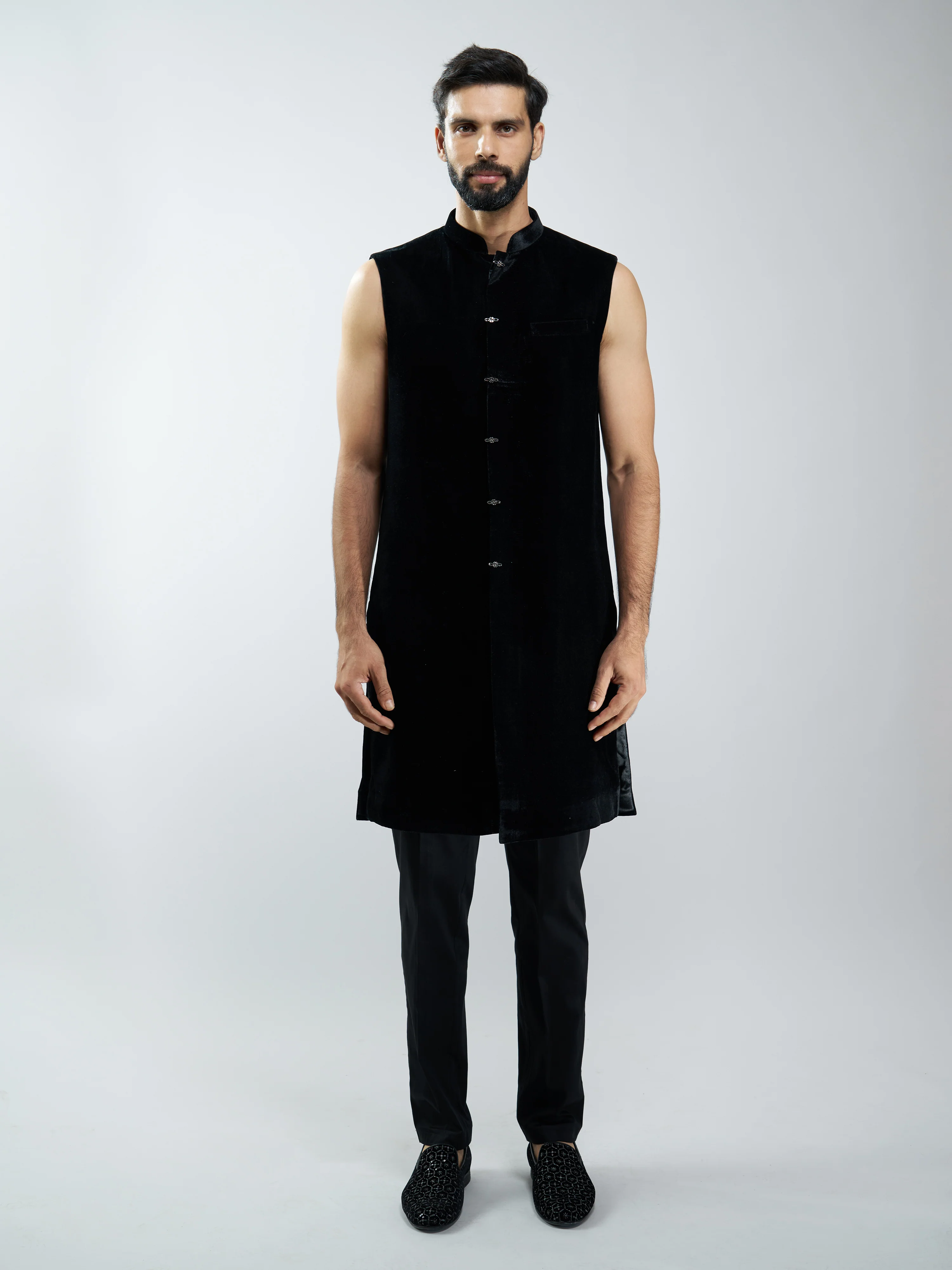 Men Black Velvet Floral Embroidered Indo-Western Bundled with Black Cotton Lycra Pants Set - Image 6