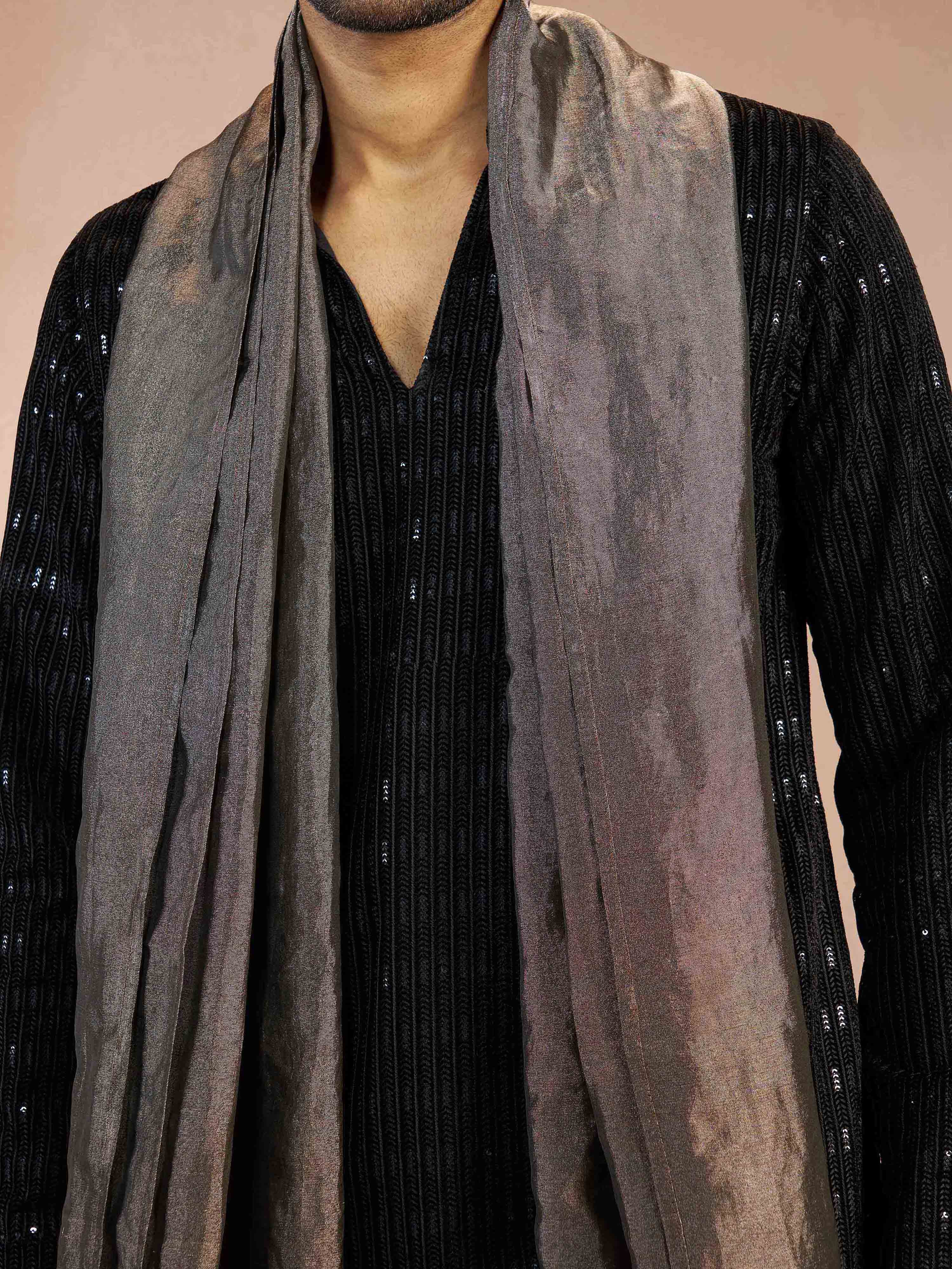 Men's Black Velvet Geometric Sequin Thread Embroidery Long Kurta with Black Pant Pyjama & Black Tissue Dupatta Set - Image 2