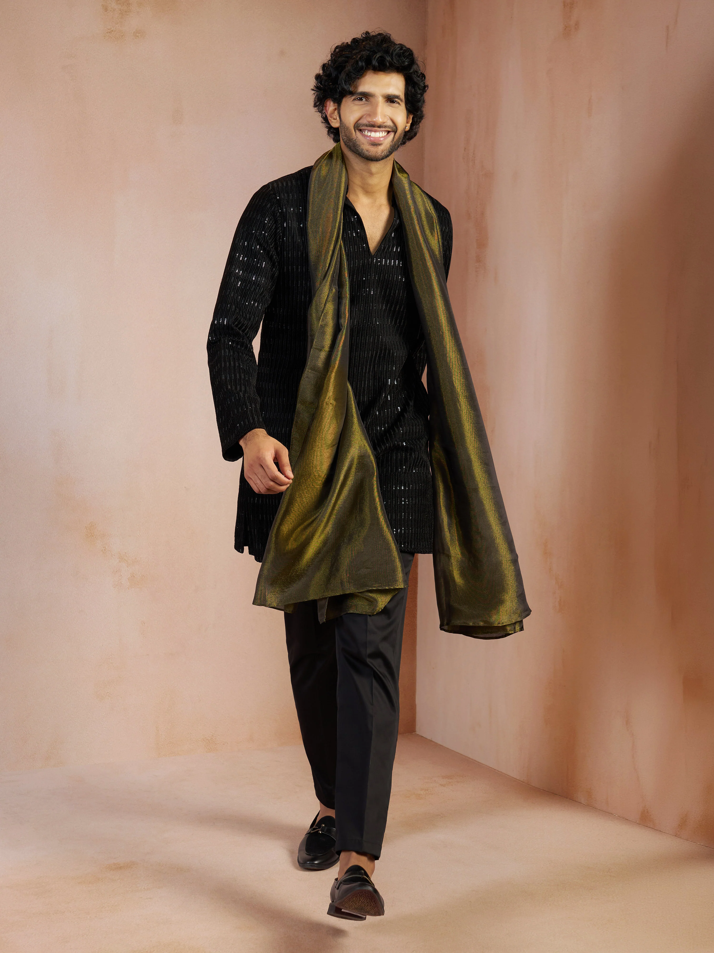 Men's Black Velvet Geometric Sequin Thread Embroidery Long Kurta with Black Pant Pyjama & Mehendi Green Tissue Dupatta Set