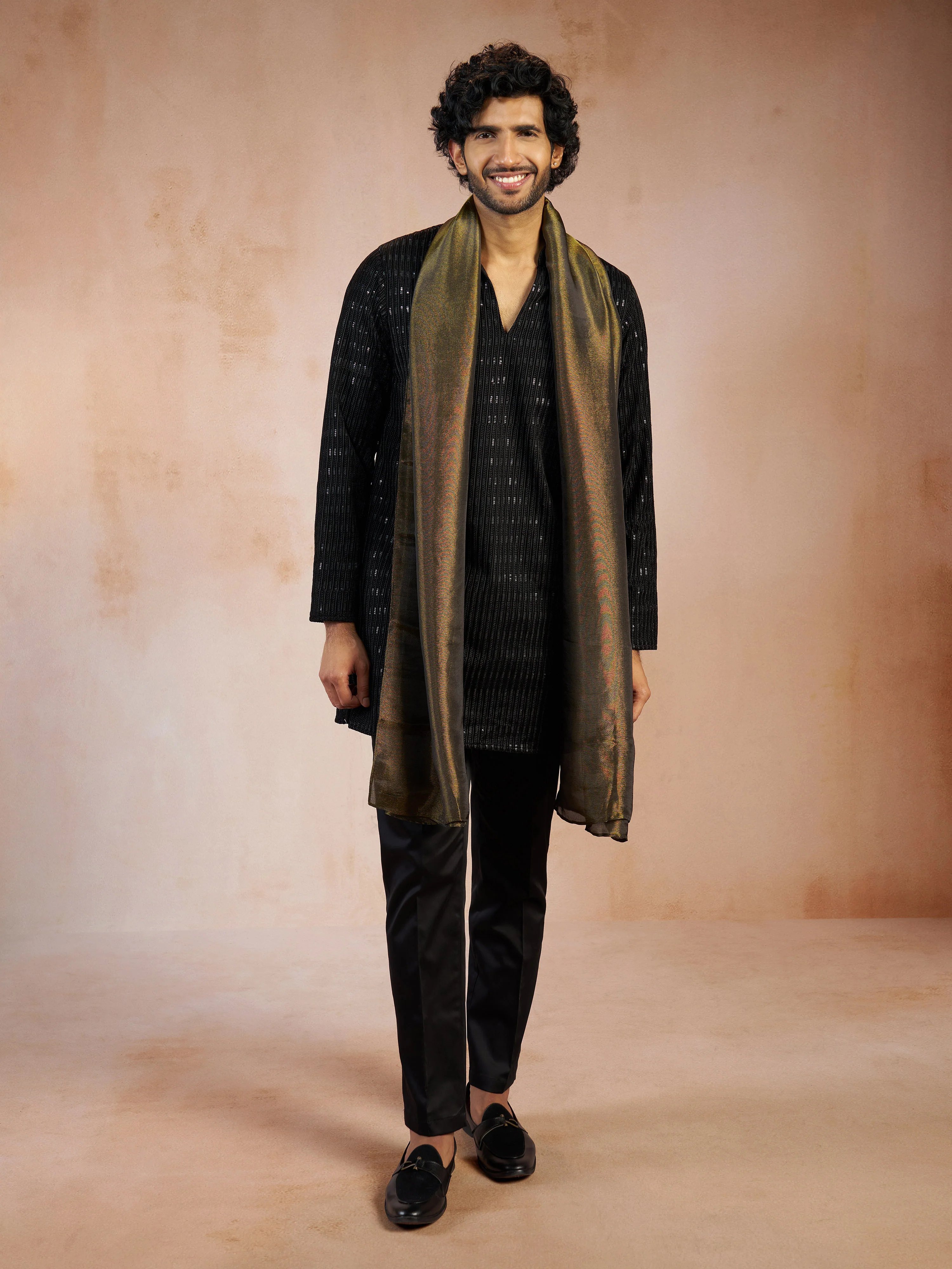 Men's Black Velvet Geometric Sequin Thread Embroidery Long Kurta with Black Pant Pyjama & Mehendi Green Tissue Dupatta Set - Image 4