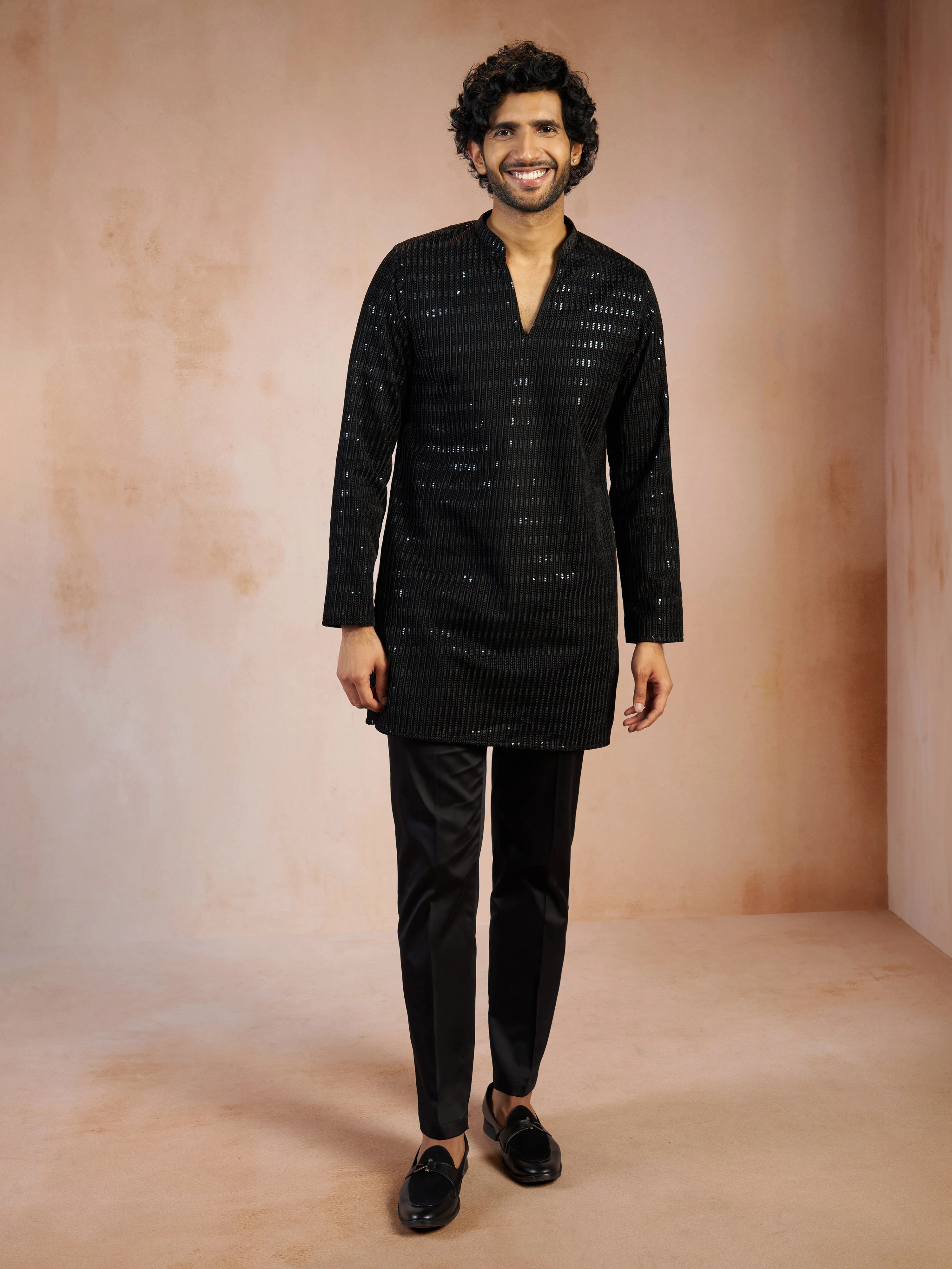 Men's Black Velvet Geometric Sequin Thread Embroidery Long Kurta with Black Pant Pyjama & Mehendi Green Tissue Dupatta Set - Image 6