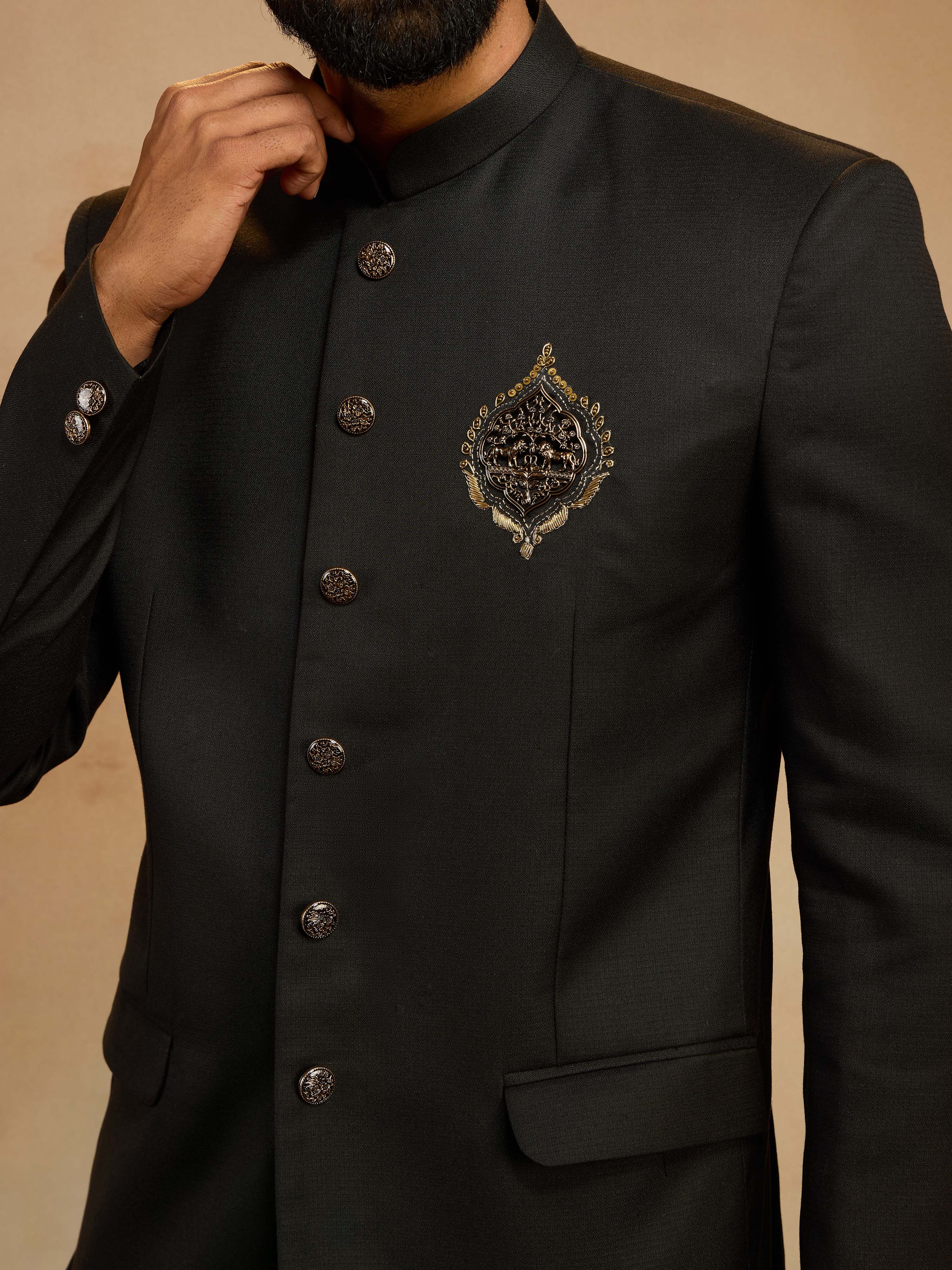 Men's Black Zardozi Sequin Embroidered Imported Suiting Lycra Jodhpuri with Straight Pant Set - Image 2