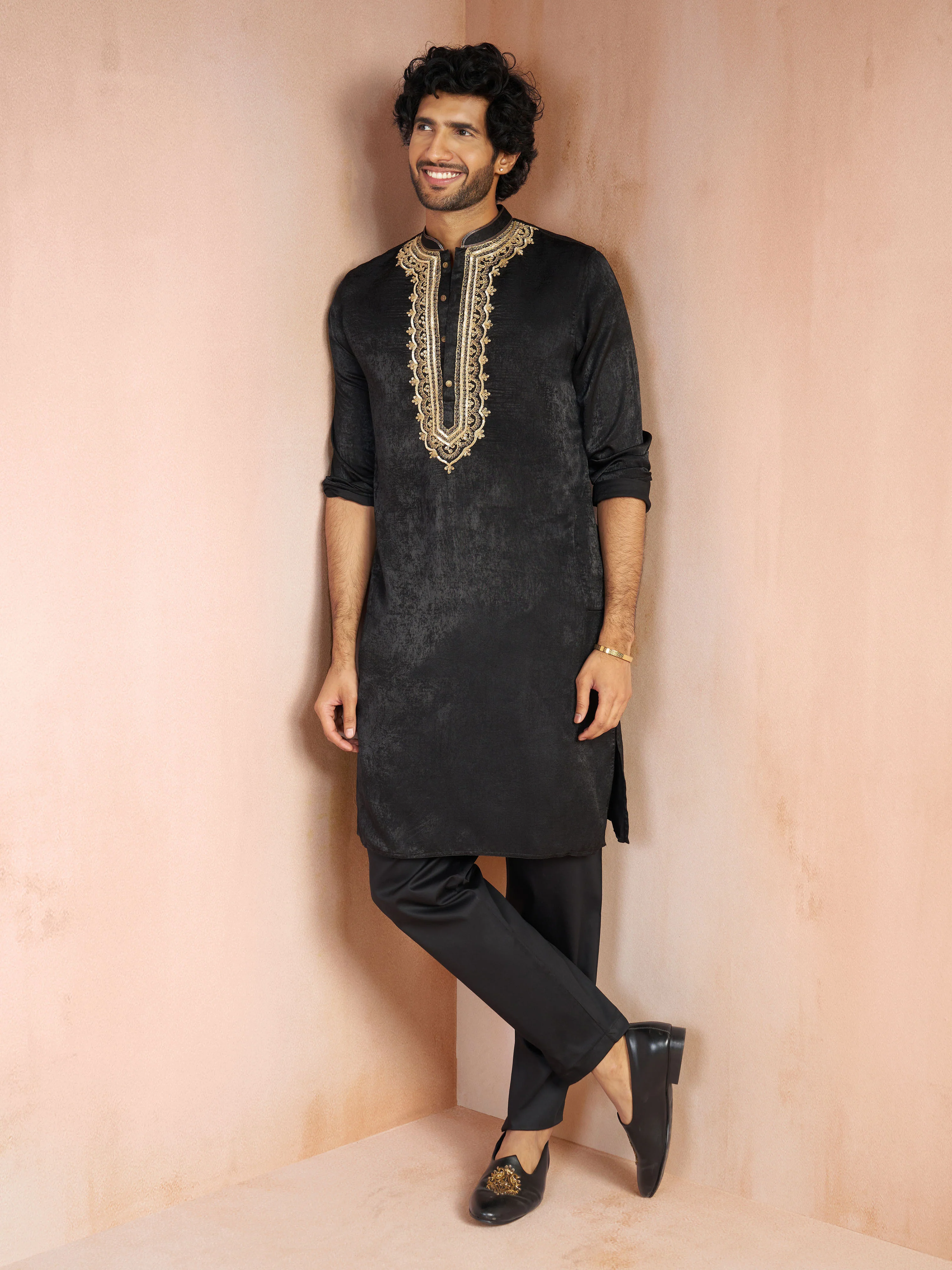 Men's Black Zari Floral Embroidered Satin Yoke Silk Blend Straight Kurta - Image 6