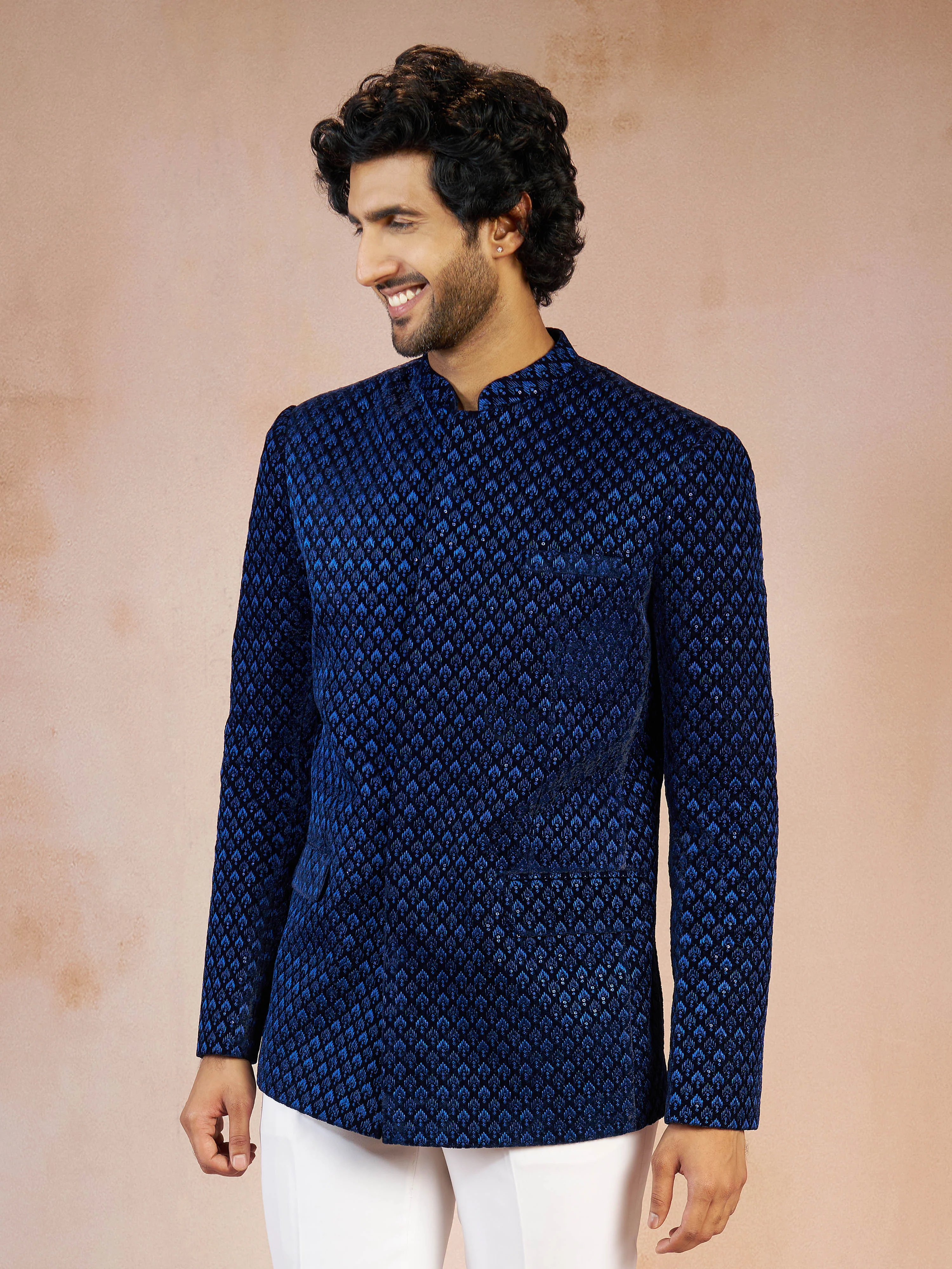 Men's Blue Velvet Thread Embroidered Ethnic Motif Jodhpuri - Image 4