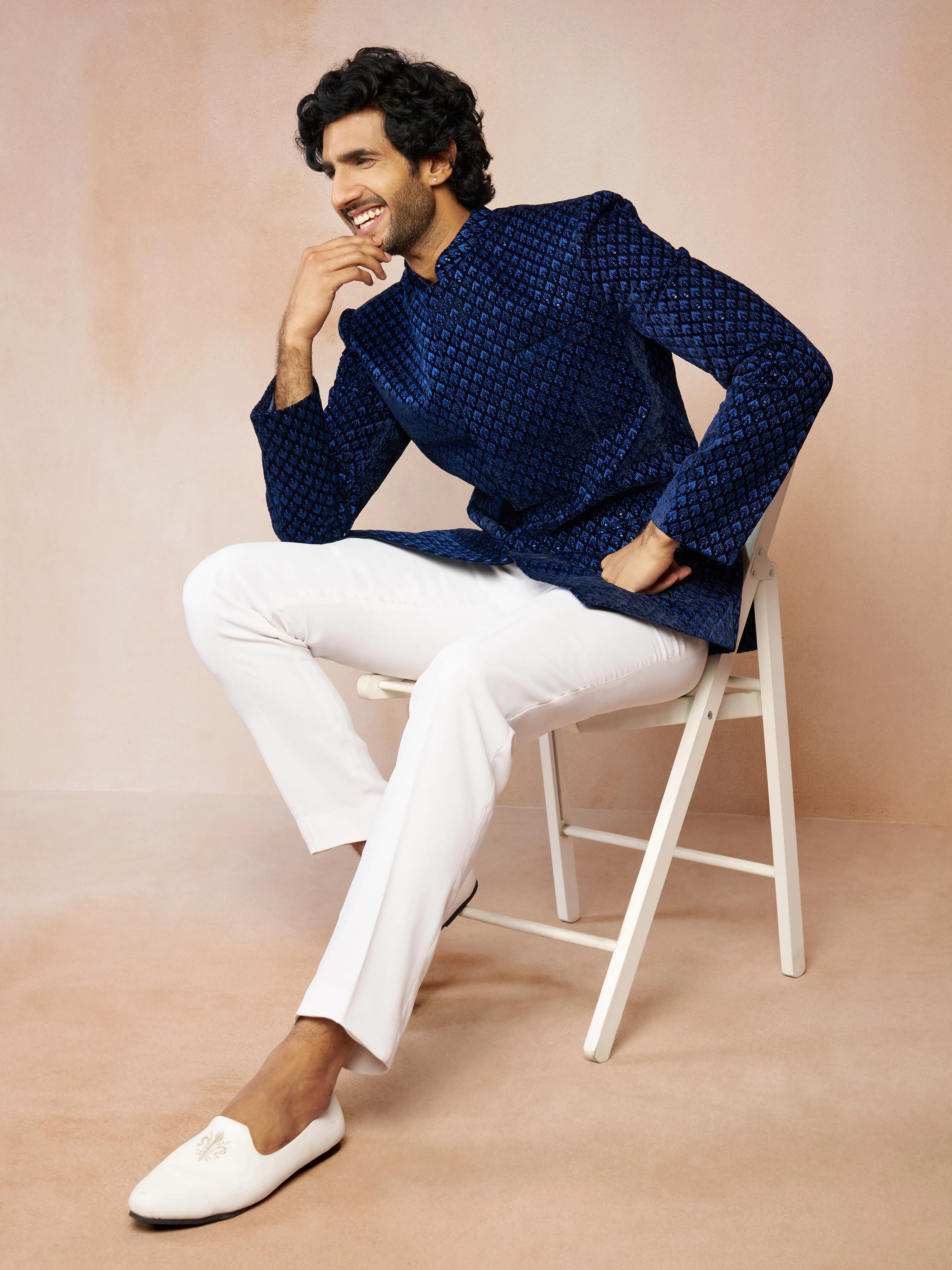 Men's Blue Velvet Thread Embroidered Ethnic Motif Jodhpuri - Image 5