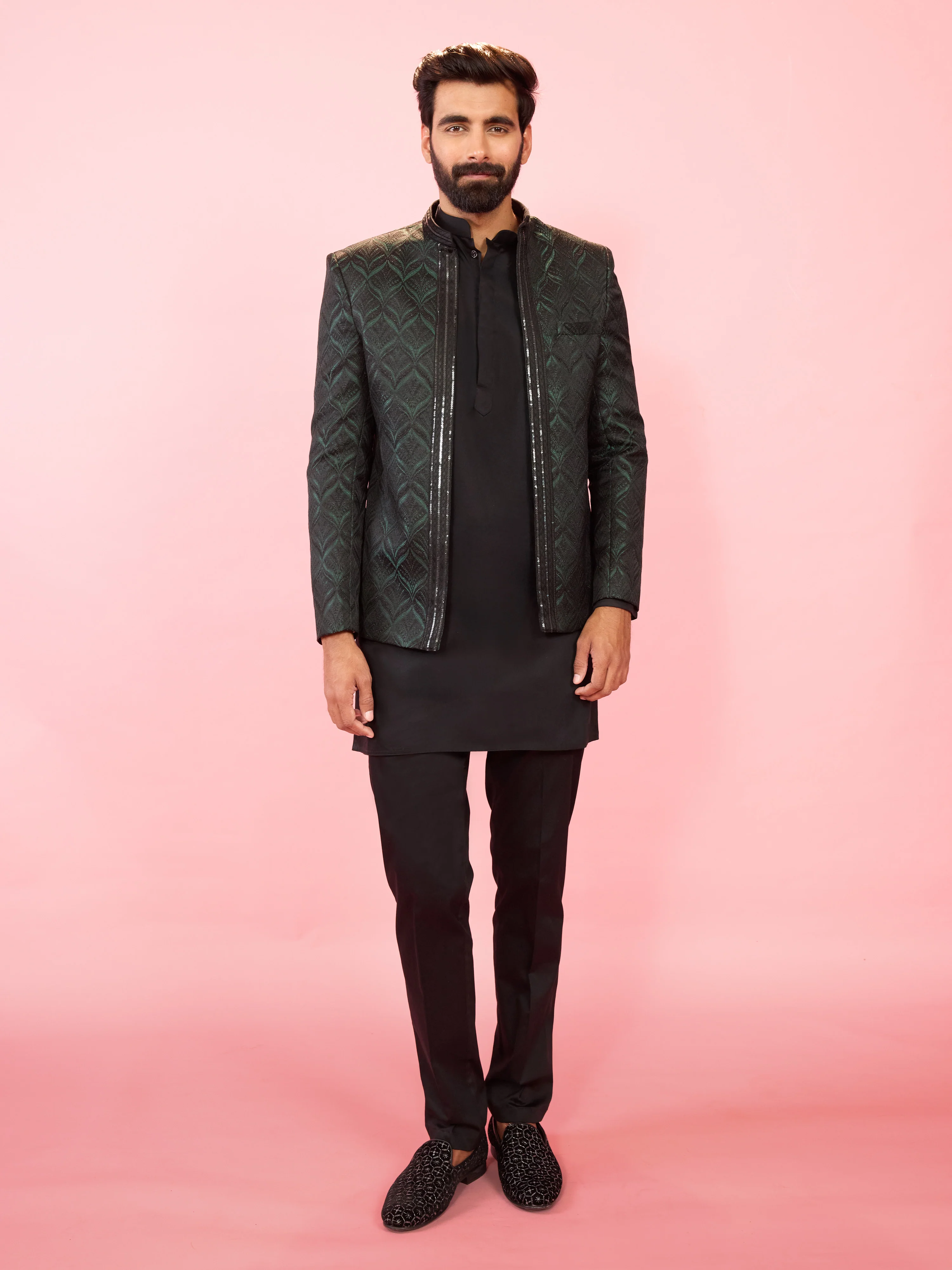 Men's Bottle Green Jodhpuri with Black Satin Kurta & Pant Pyjama Set - Image 3