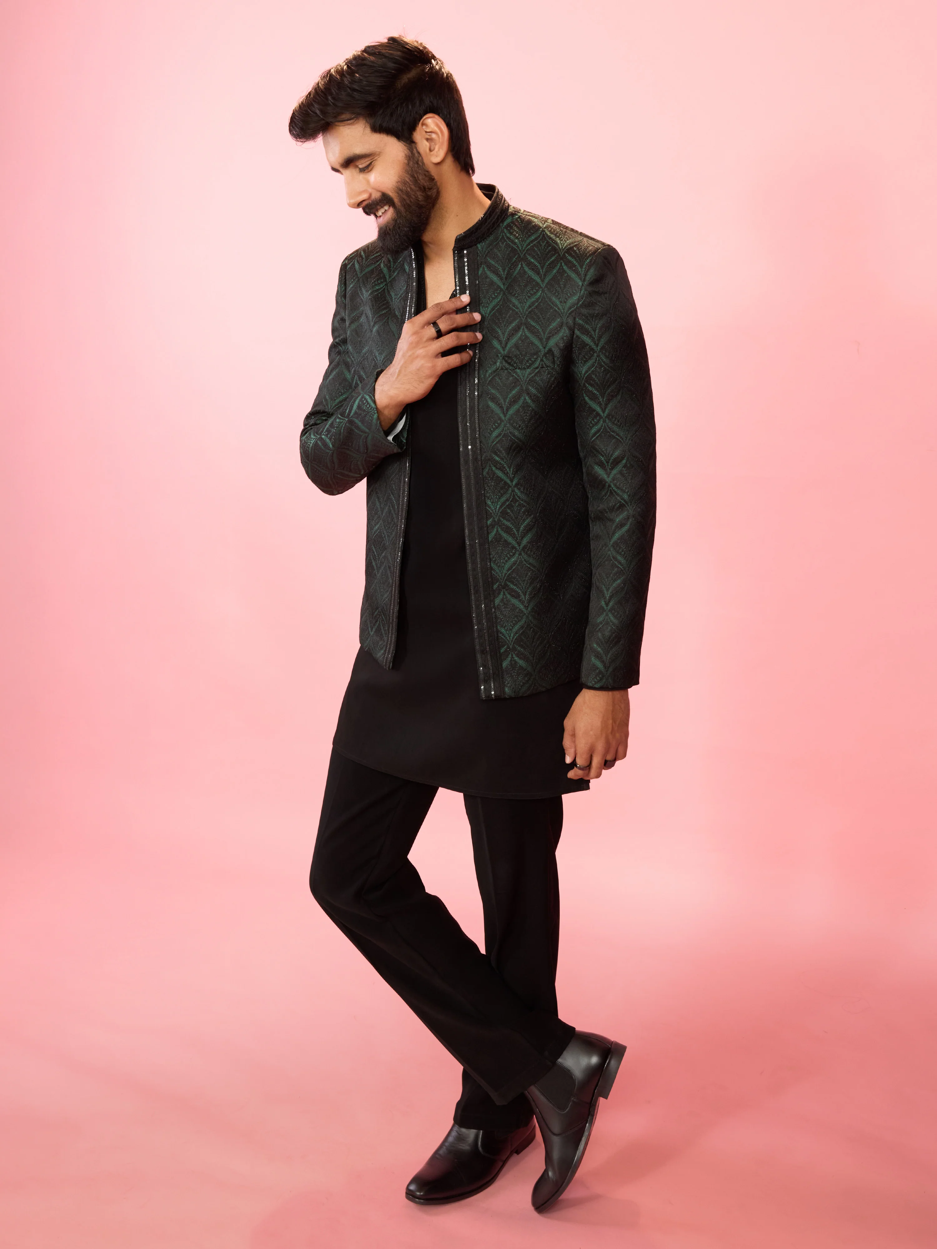 Men's Bottle Green Jodhpuri with Black Sequin Kurta & Straight Pant Set