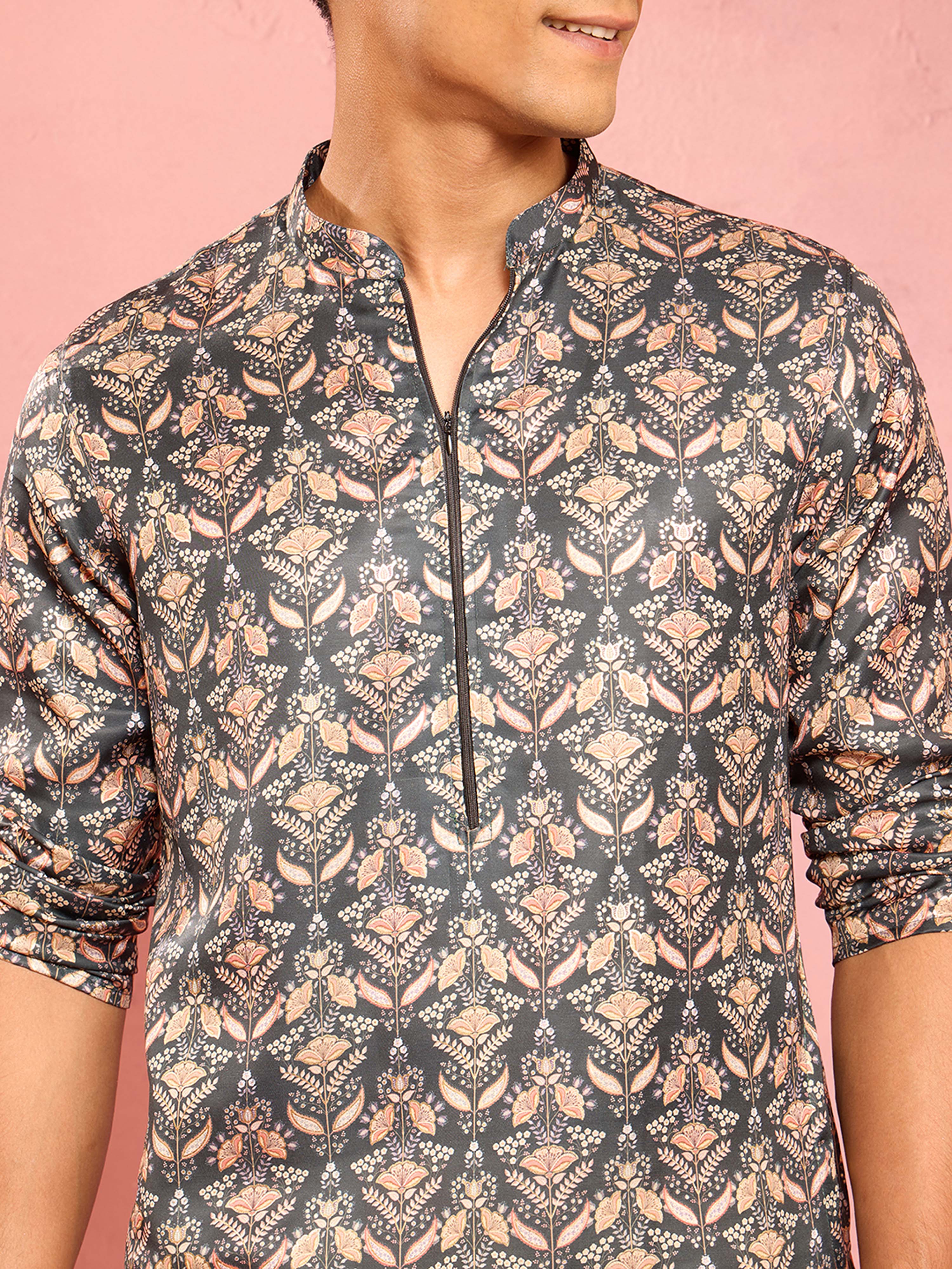 Men's Bottle Green Silk Blend Floral Foil Print Kurta with Cream Pant Style Pyjama Set - Image 2