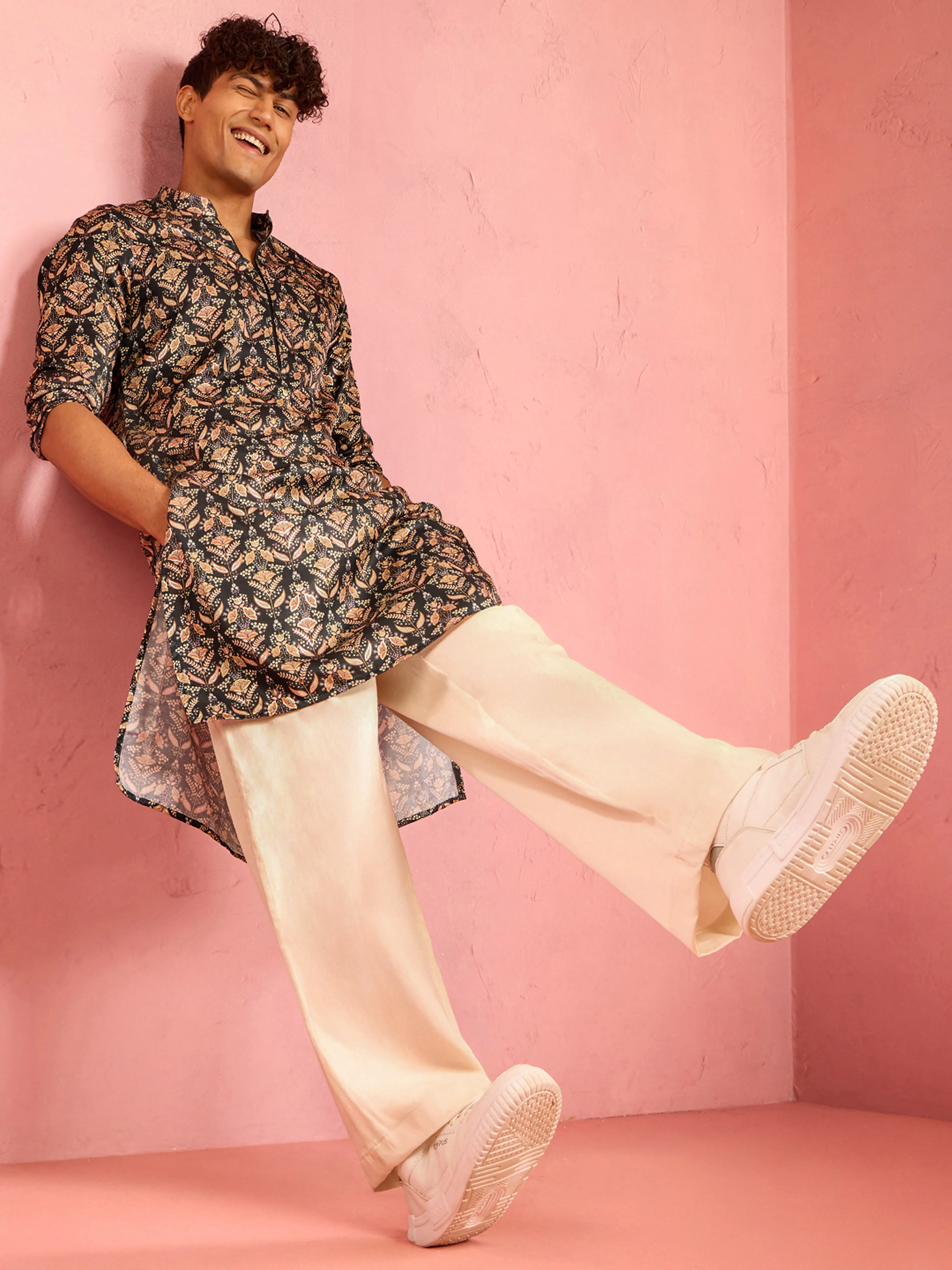 Men's Bottle Green Silk Blend Floral Foil Print Kurta with Cream Wide Leg Palazzo Set