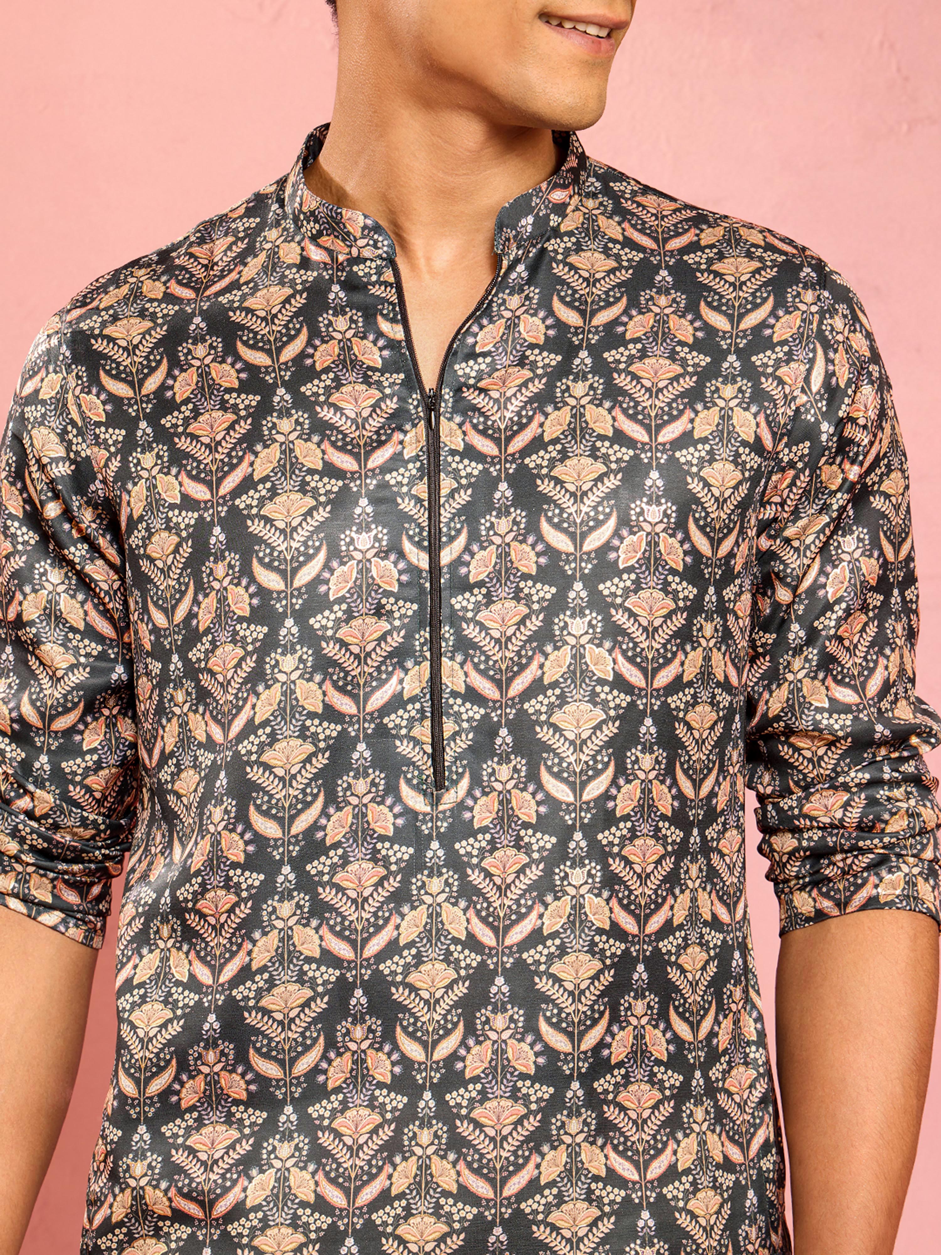 Men's Bottle Green Silk Blend Floral Foil Print Kurta with Cream Wide Leg Palazzo Set - Image 2