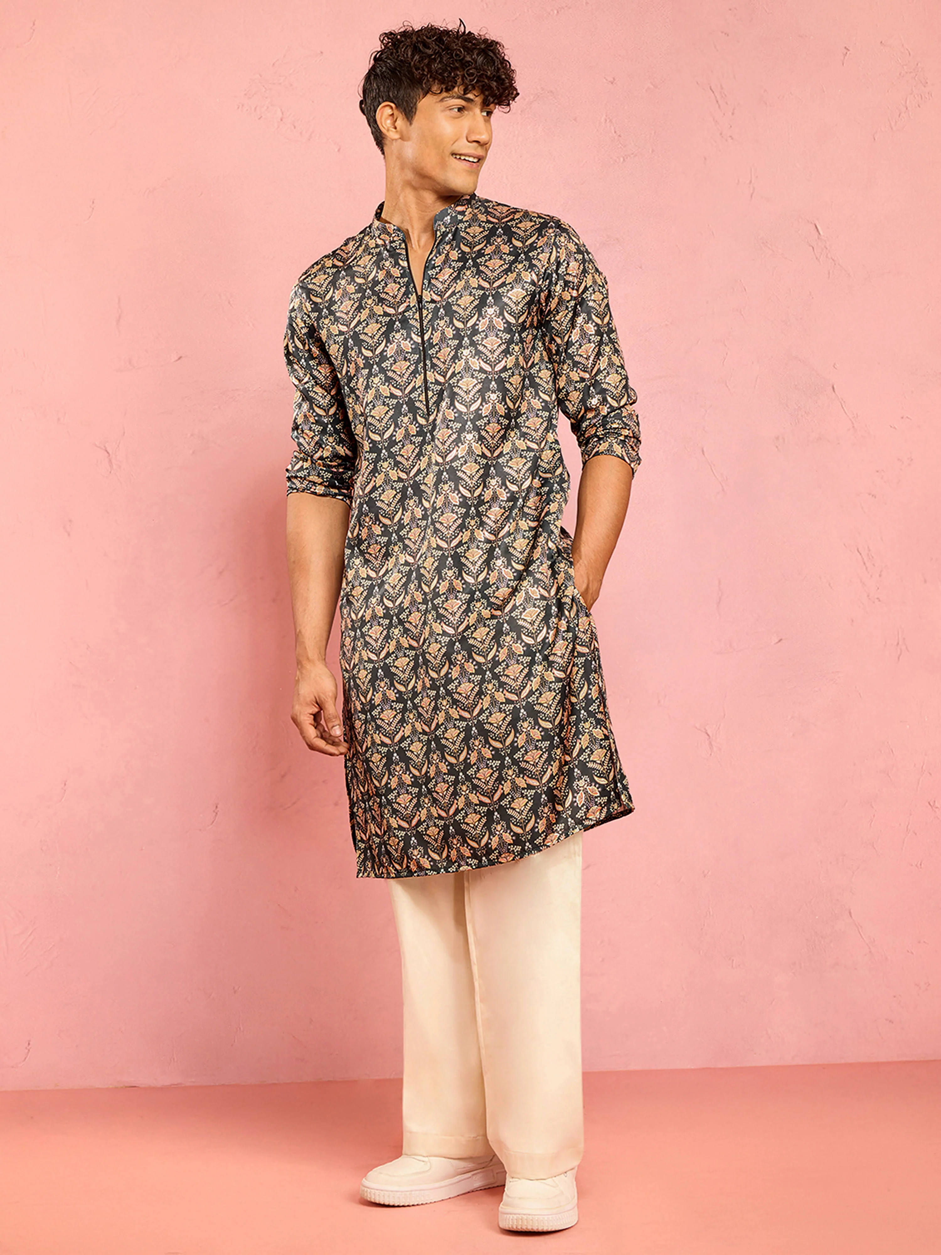 Men's Bottle Green Silk Blend Floral Foil Print Kurta with Cream Wide Leg Palazzo Set - Image 3