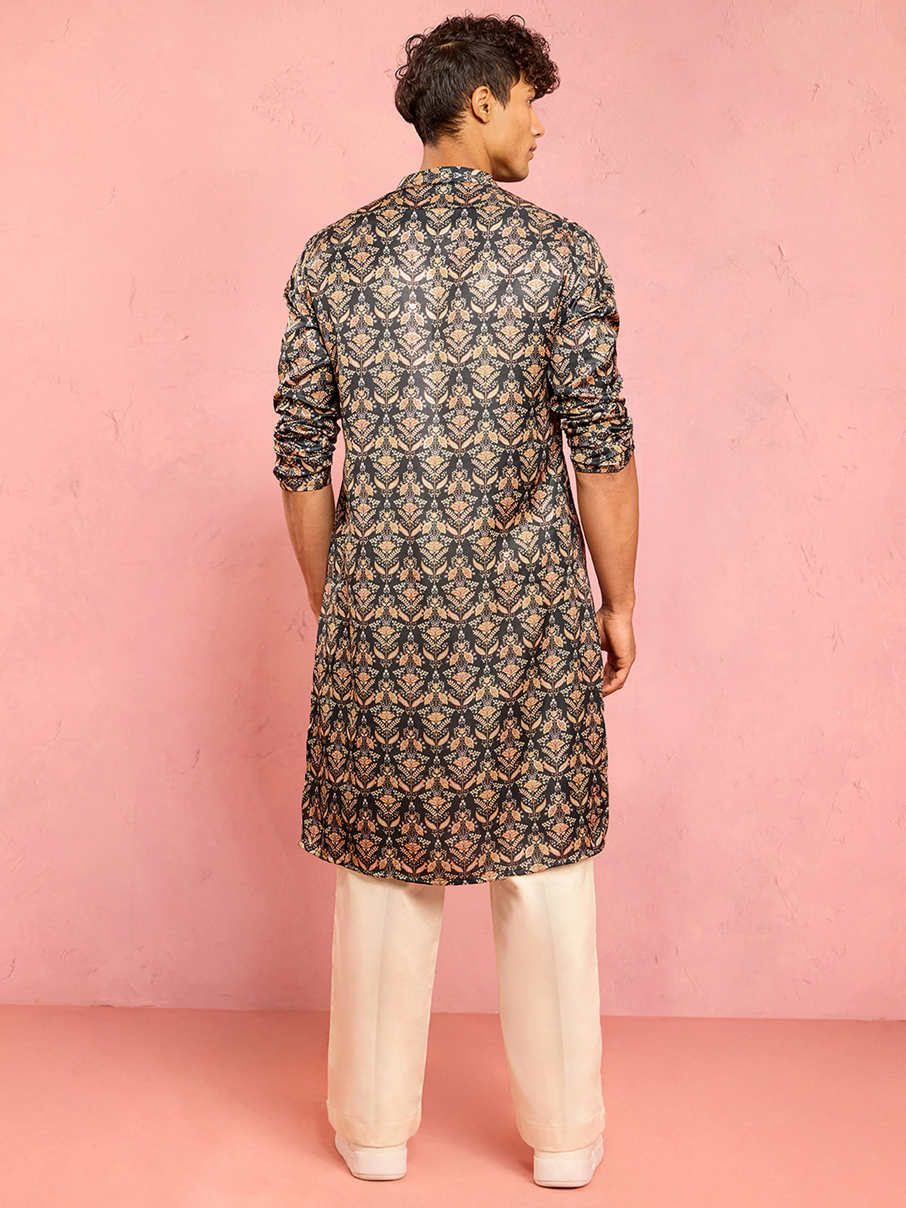 Men's Bottle Green Silk Blend Floral Foil Print Kurta with Cream Wide Leg Palazzo Set - Image 5