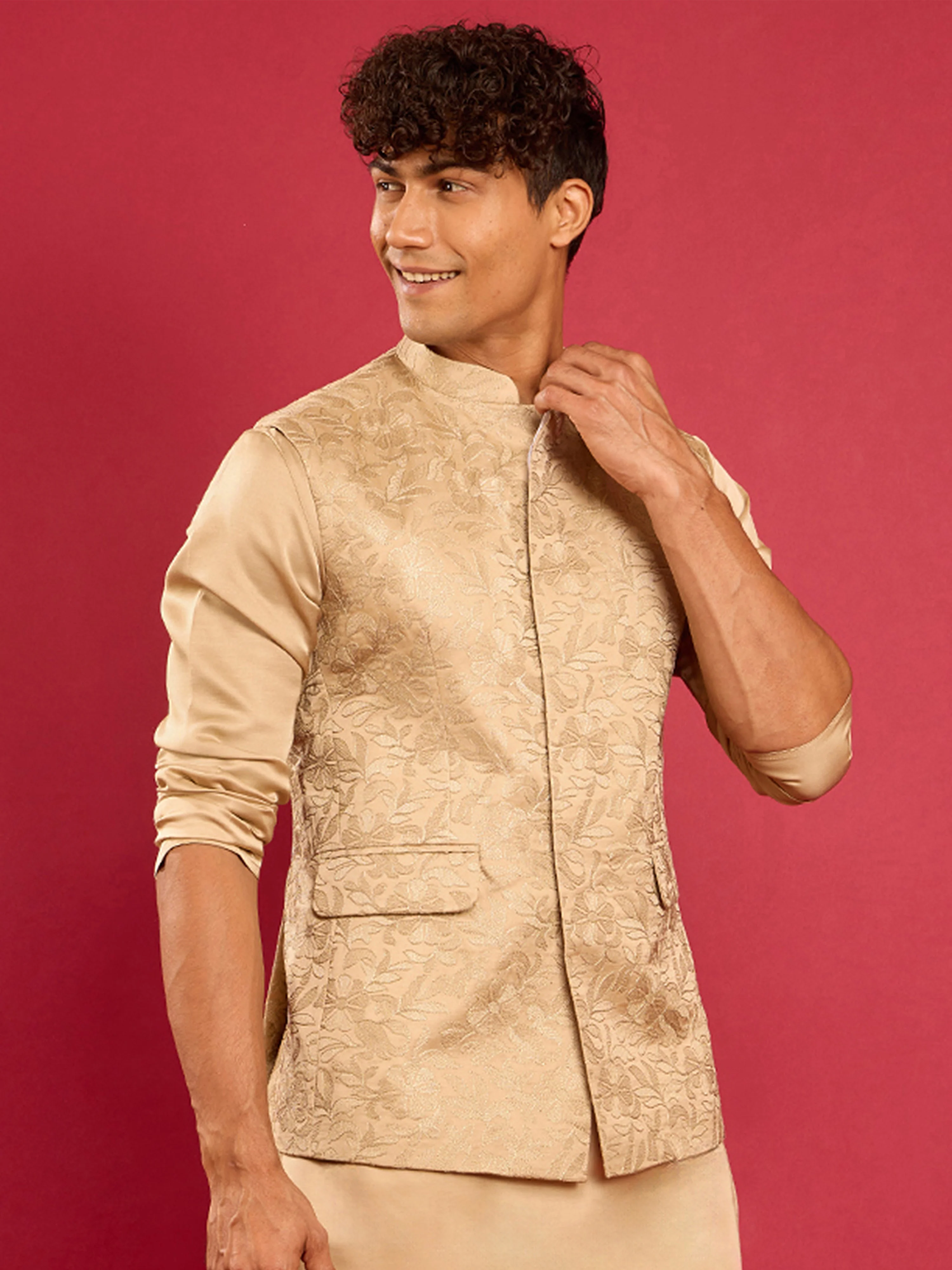 Men's Chiku Silk Blend Floral Embroidered Sleeveless Nehru Jacket - Image 3