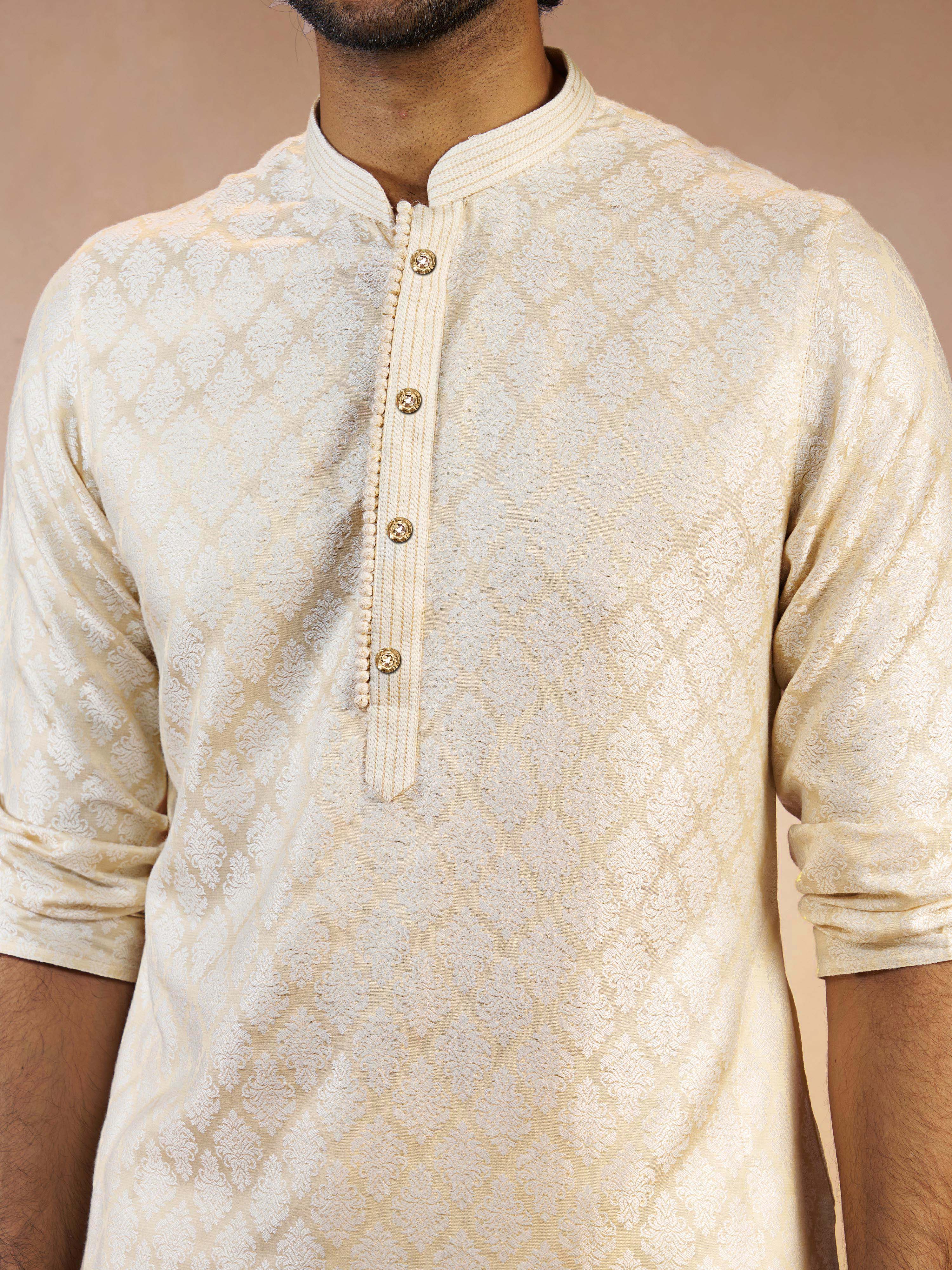 Men's Cream Jacquard Geometric Thread Embroidered Silk Blend Straight Kurta - Image 2