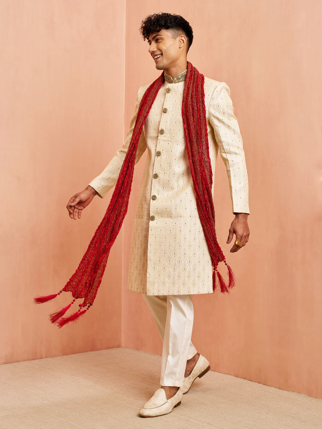 Men's Cream Jacquard Sherwani Pyjama Dupatta Set