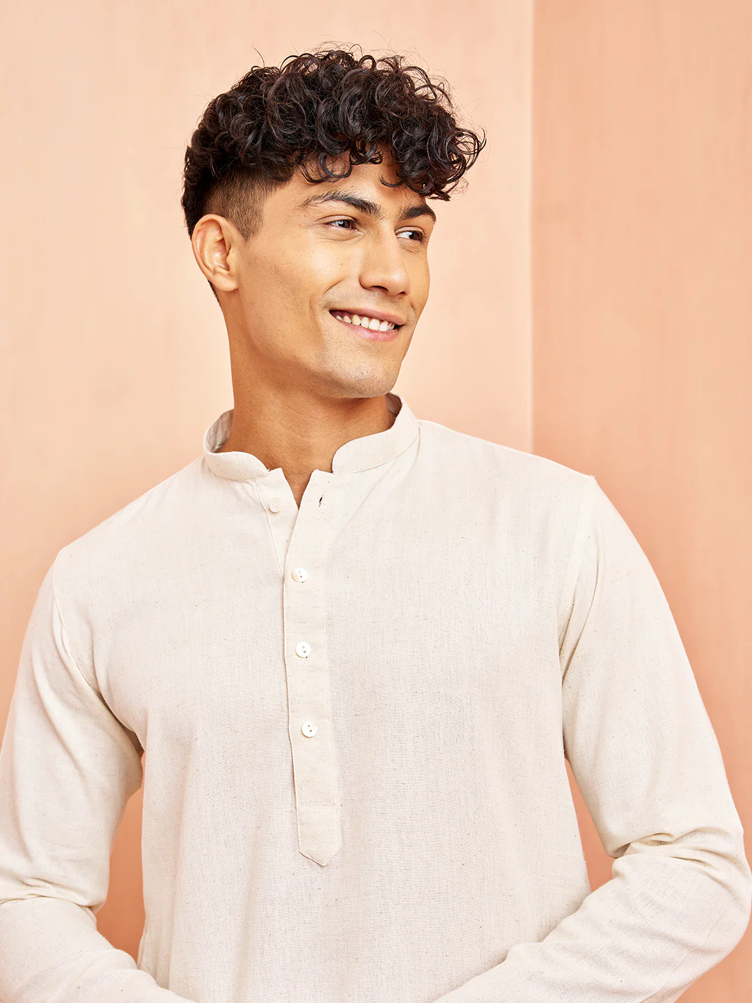 Men's Cream Mid Length Kurta with White Pant Set - Image 2