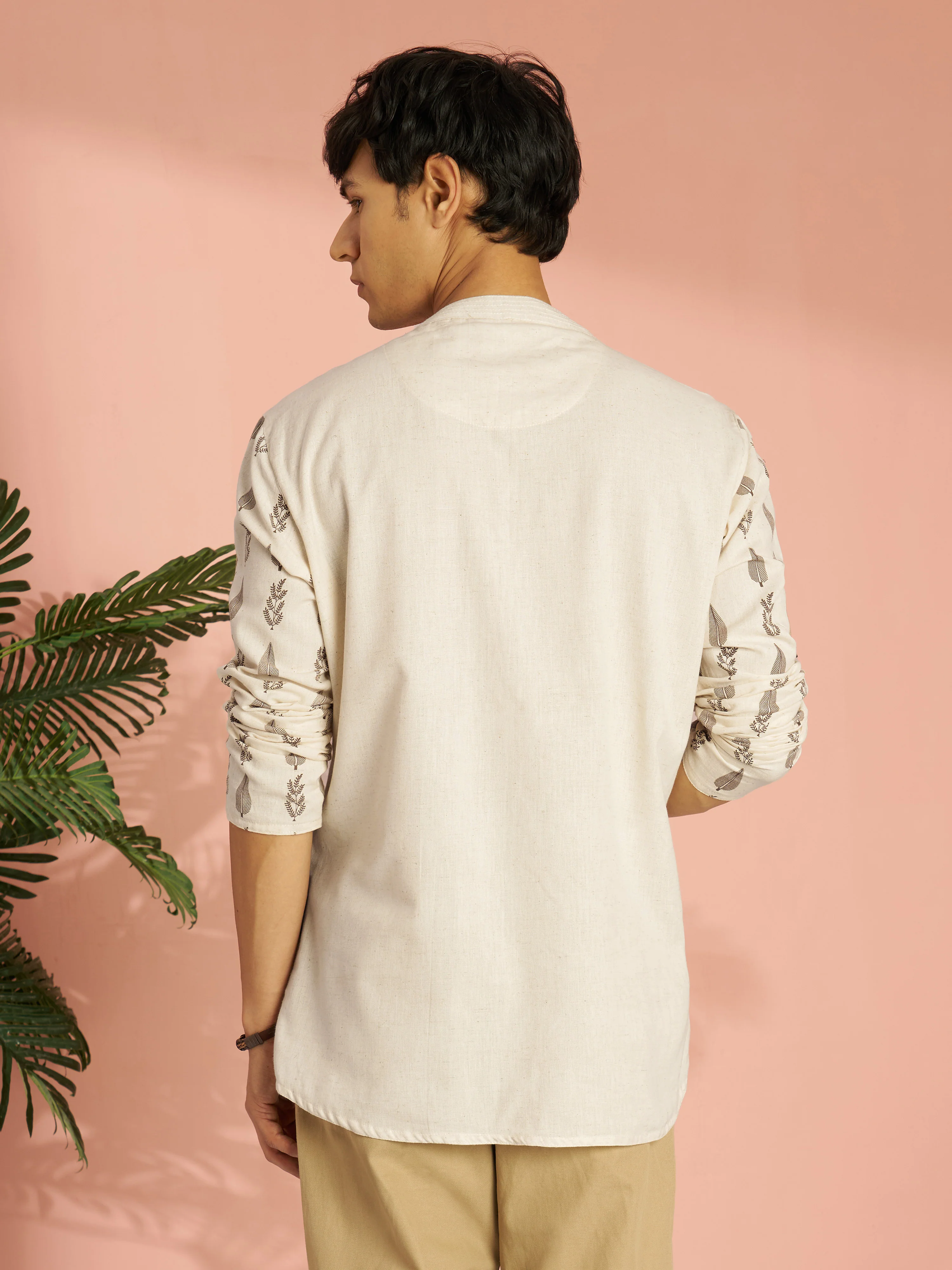 Men's Cream Tropical Digital Print Cotton Short Kurta - Image 5