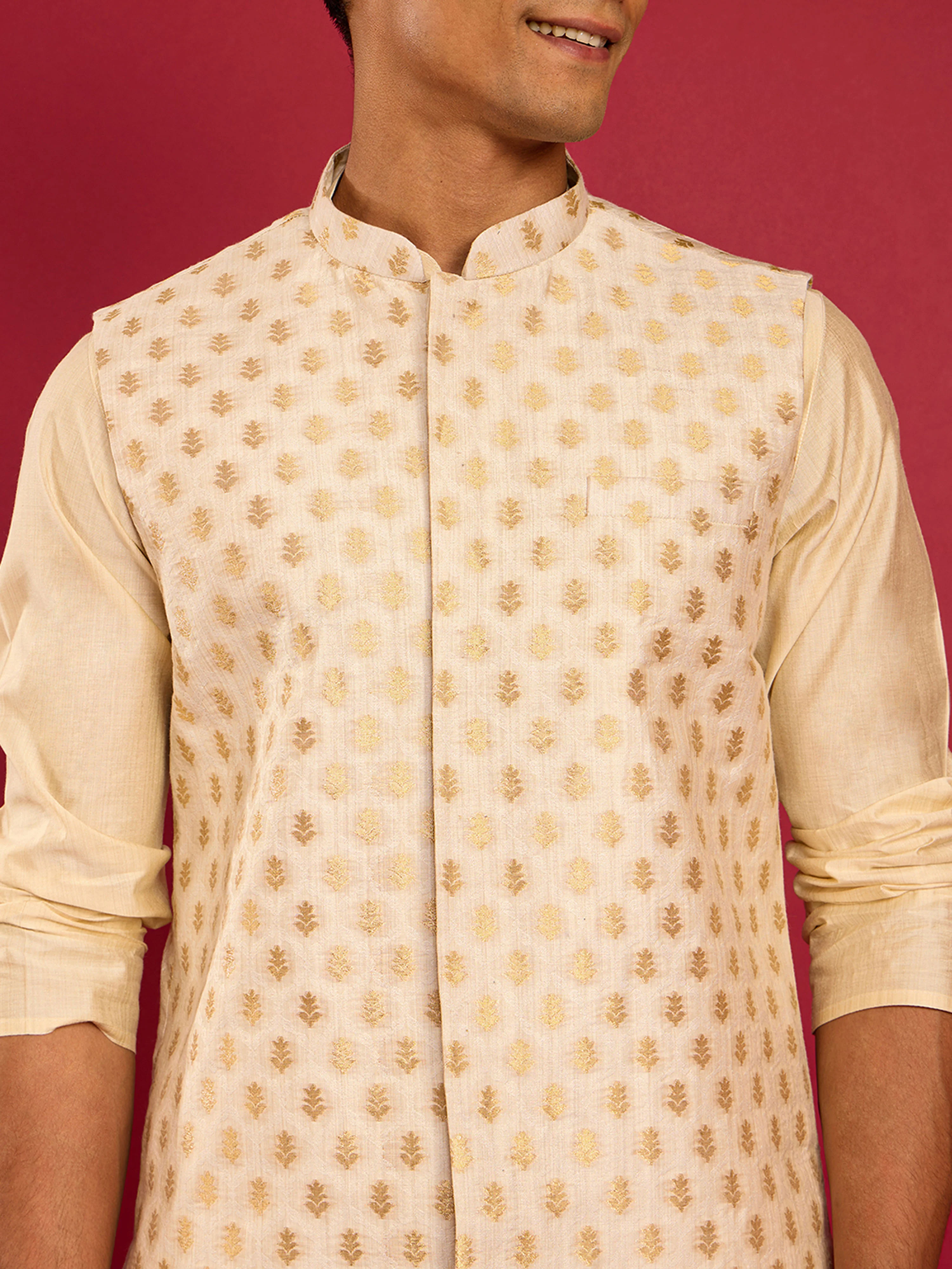 Men's Cream Zari Weave Nehru Jacket with Beige Kurta & Cream Pyjama Set - Image 2