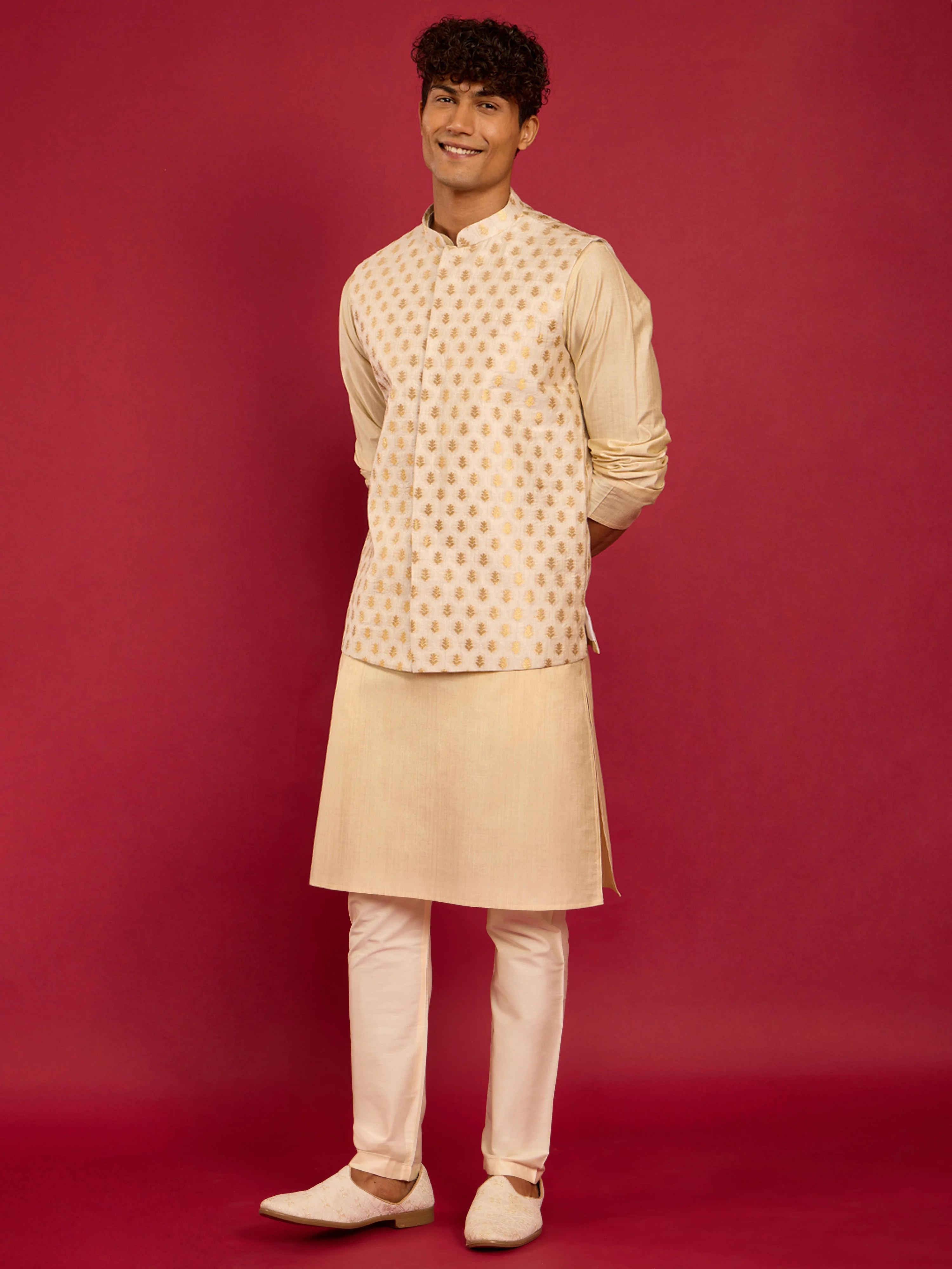 Men's Cream Zari Weave Nehru Jacket with Beige Kurta & Cream Pyjama Set - Image 4