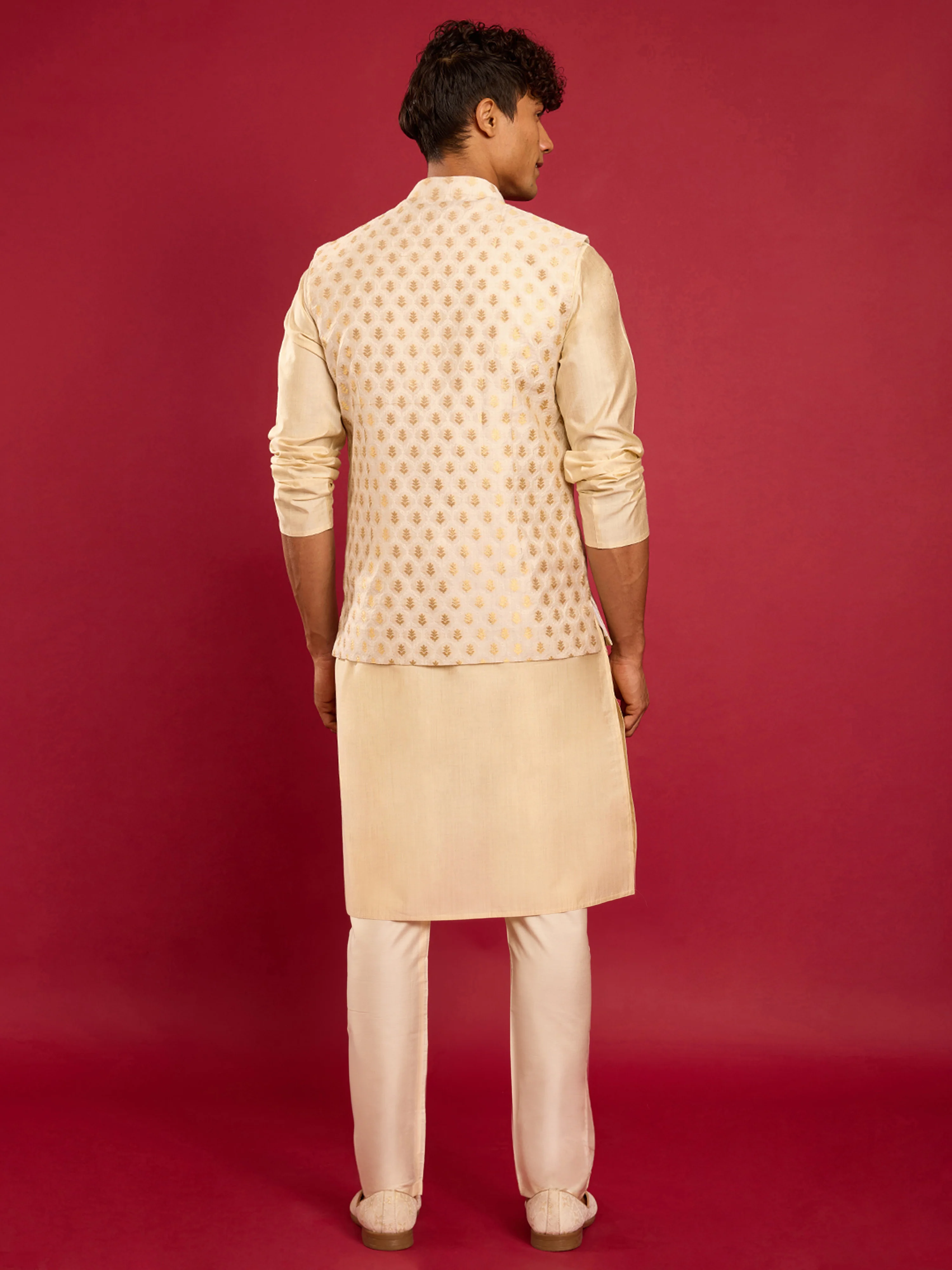 Men's Cream Zari Weave Nehru Jacket with Beige Kurta & Cream Pyjama Set - Image 5