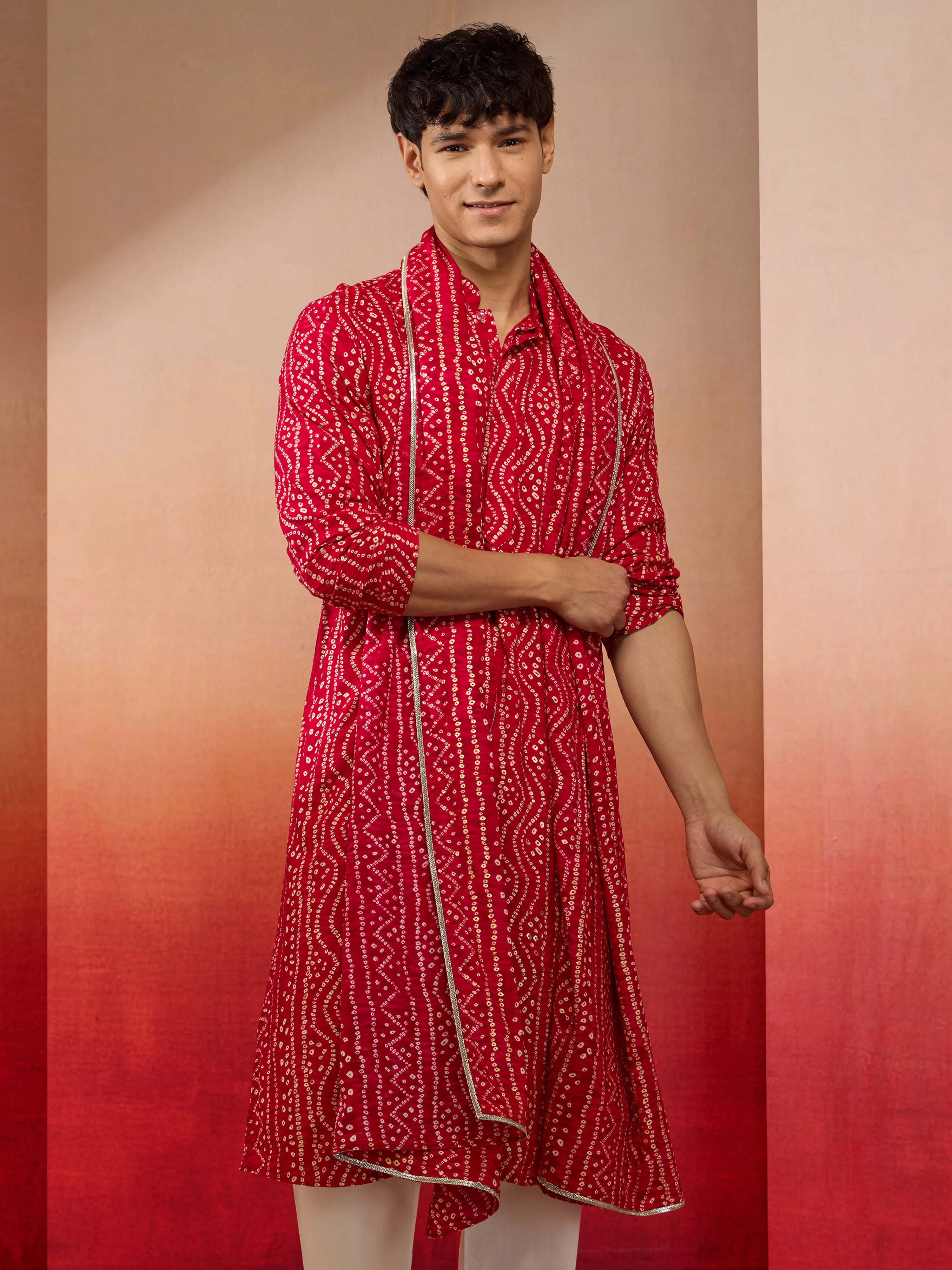 Men's Falsa Bandhani Print Kurta with Matching Falsa Rayon Dupatta Set - Image 3