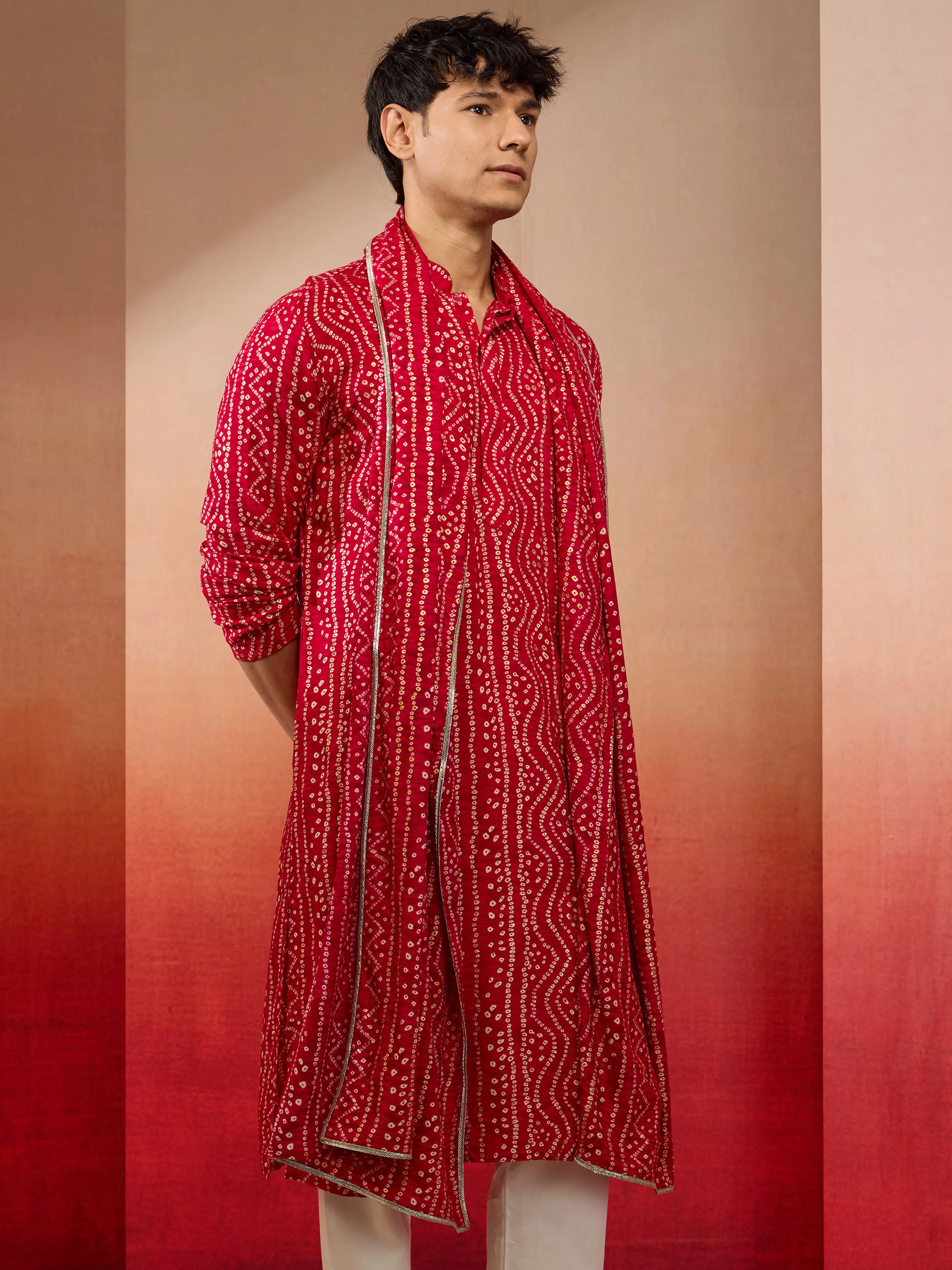 Men's Falsa Bandhani Print Kurta with Matching Falsa Rayon Dupatta Set - Image 4