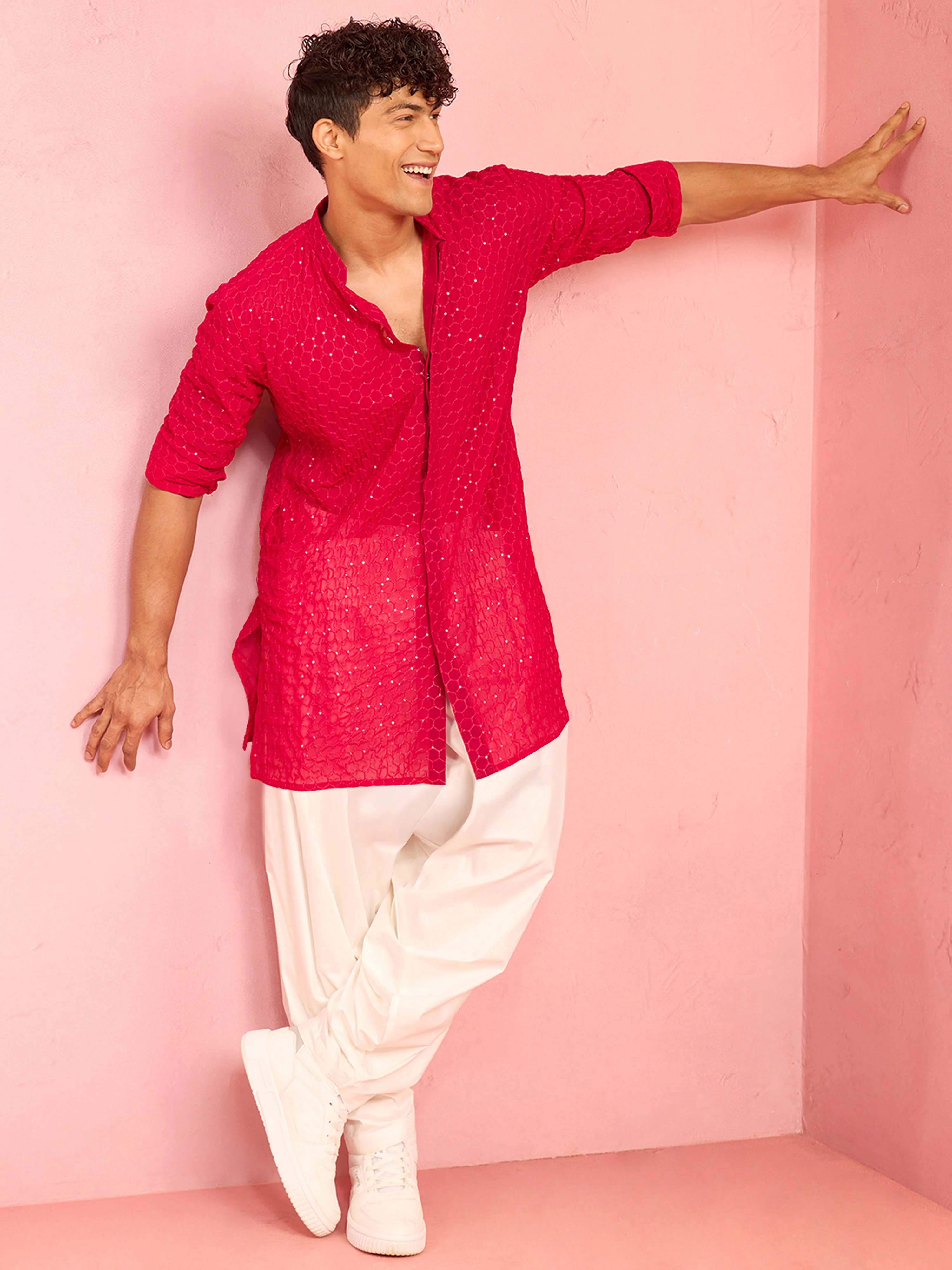 Men's Falsa Georgette Embroidered Mid-Length Kurta with Cream Patiyala Set