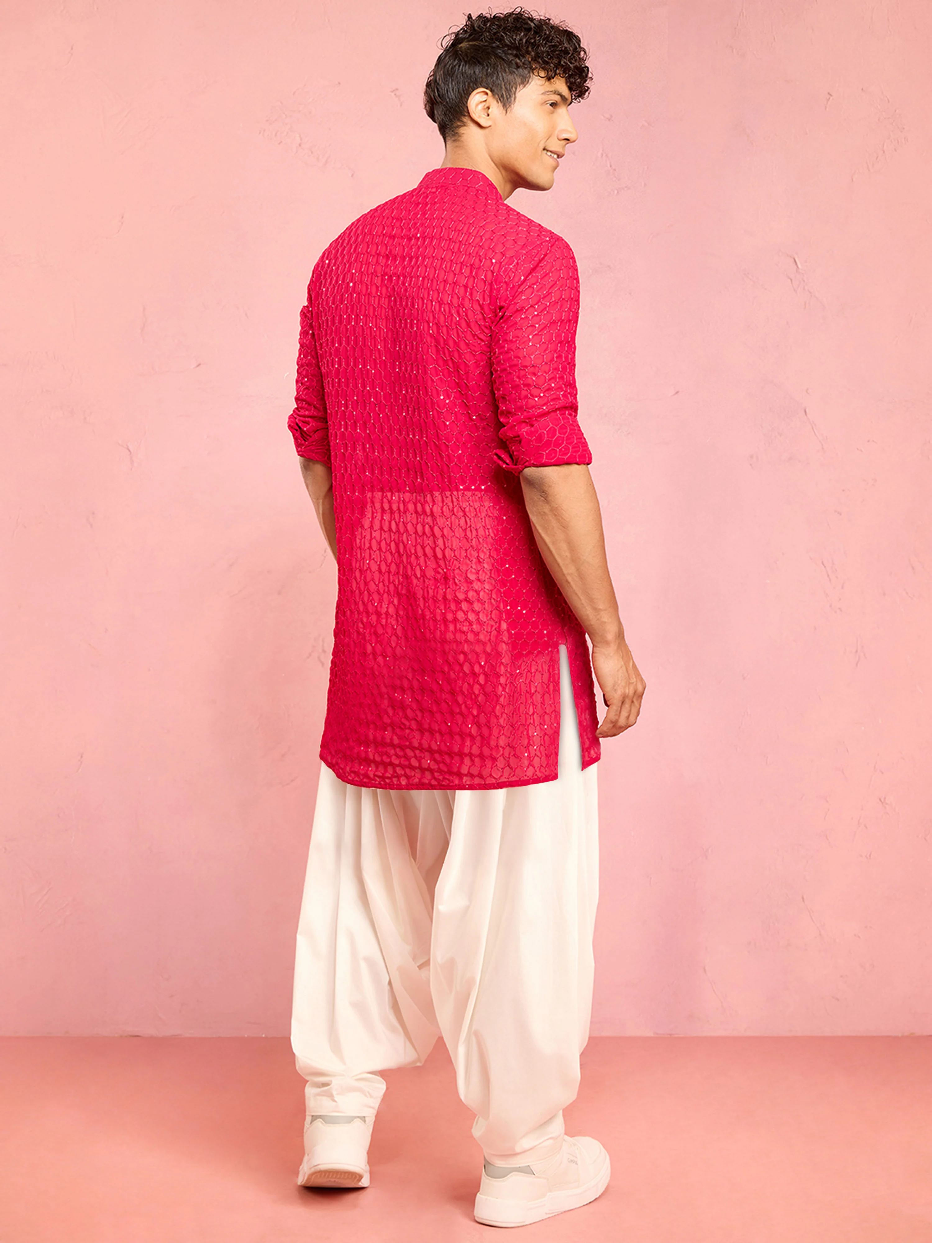 Men's Falsa Georgette Embroidered Mid-Length Kurta with Cream Patiyala Set - Image 5