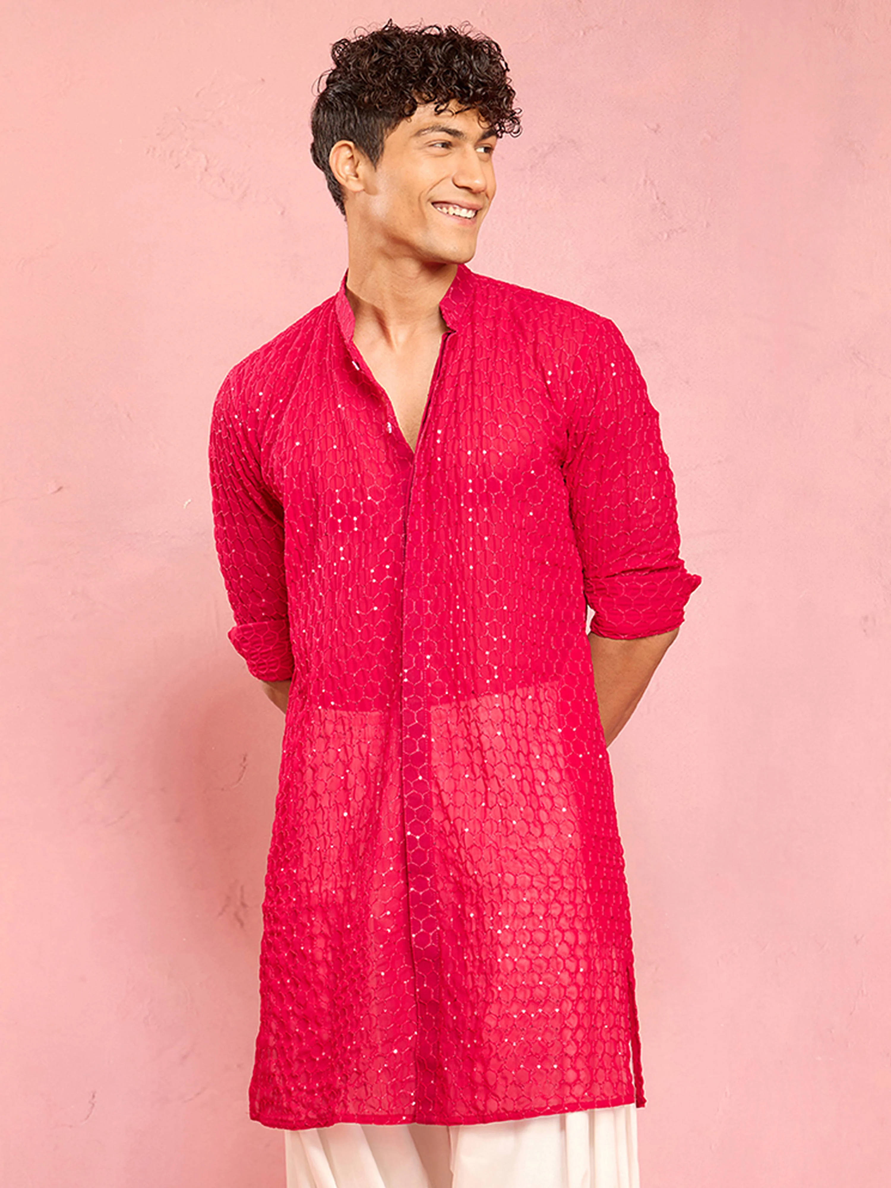 Men's Falsa Georgette Sequin & Thread Embroidered Mid-Length Kurta - Image 4